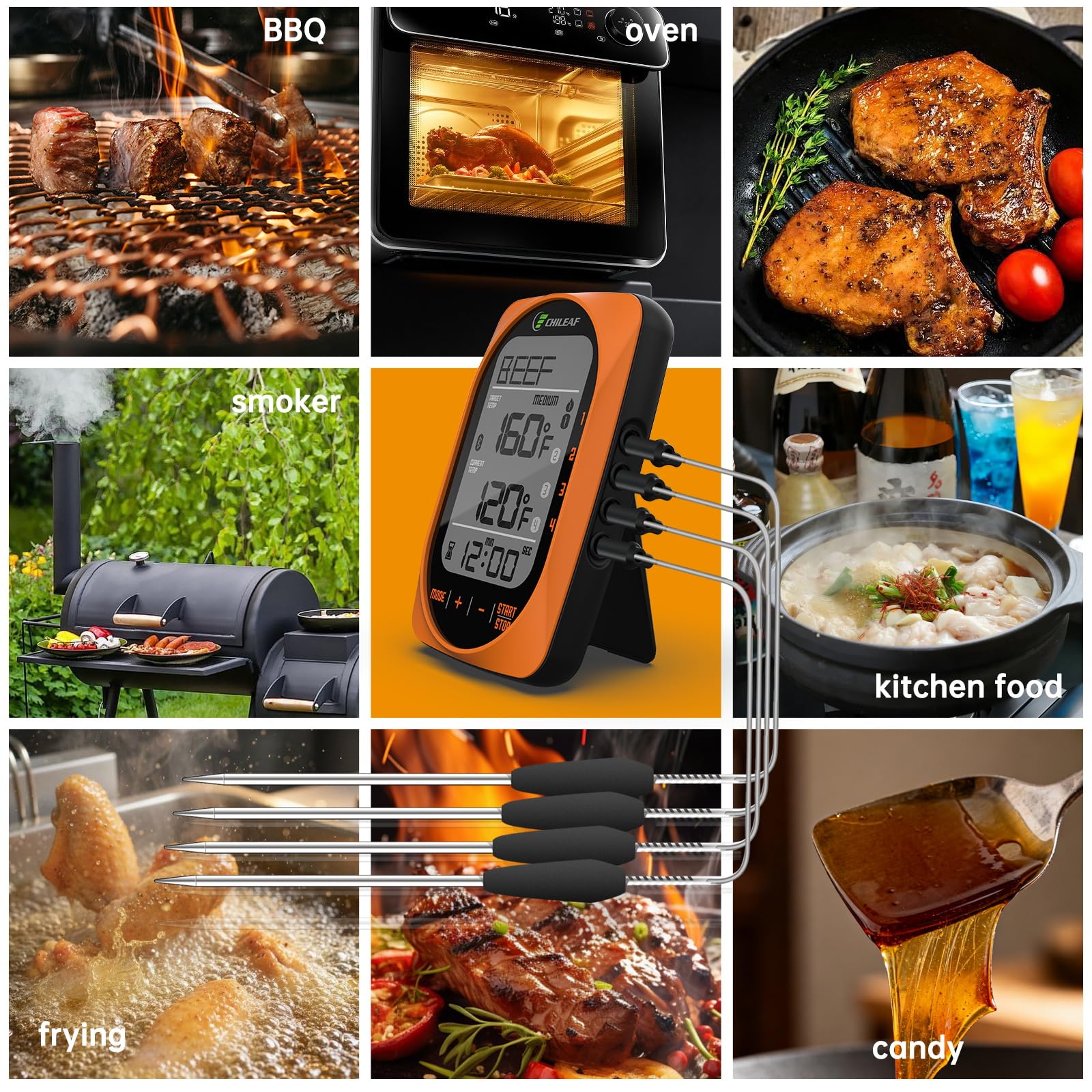 Meat Thermometer Digital Instant Read Food Thermometer Grill Thermometer Smart Bluetooth BBQ Thermometer Oven Thermometer with 4 Probes Time Mode Temper Mode for Grill Candy Meat Oven Food Smoker