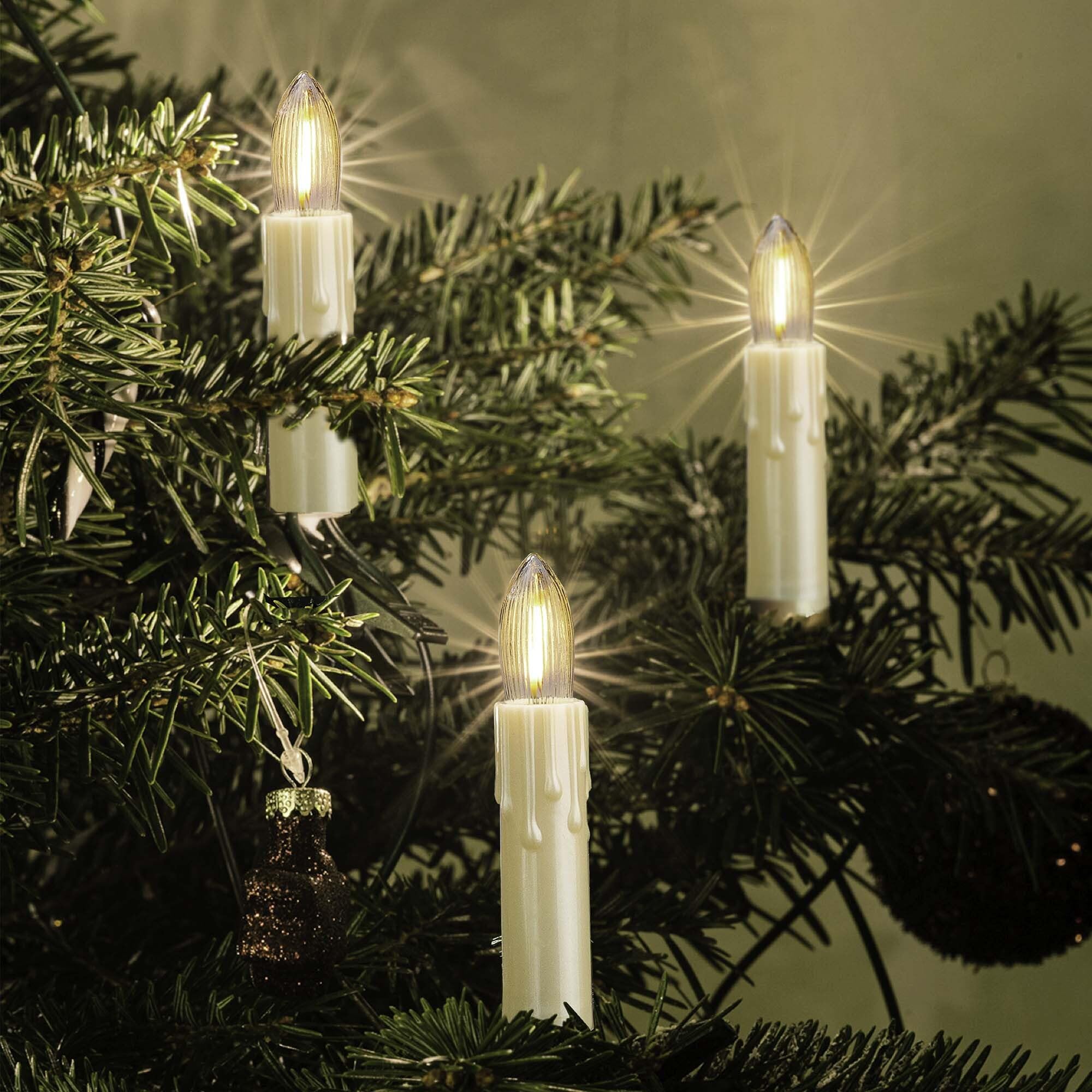 hellum Lichterkette LED-Filament mit Wachstropfen, Made in Germany, Riffelkerzen mit Clip, 20 Lichter, beleuchtete Länge 13,3 m, warmweiß, Schaft perlmutt, für Innen, teilbarer Stecker <59lm 814095