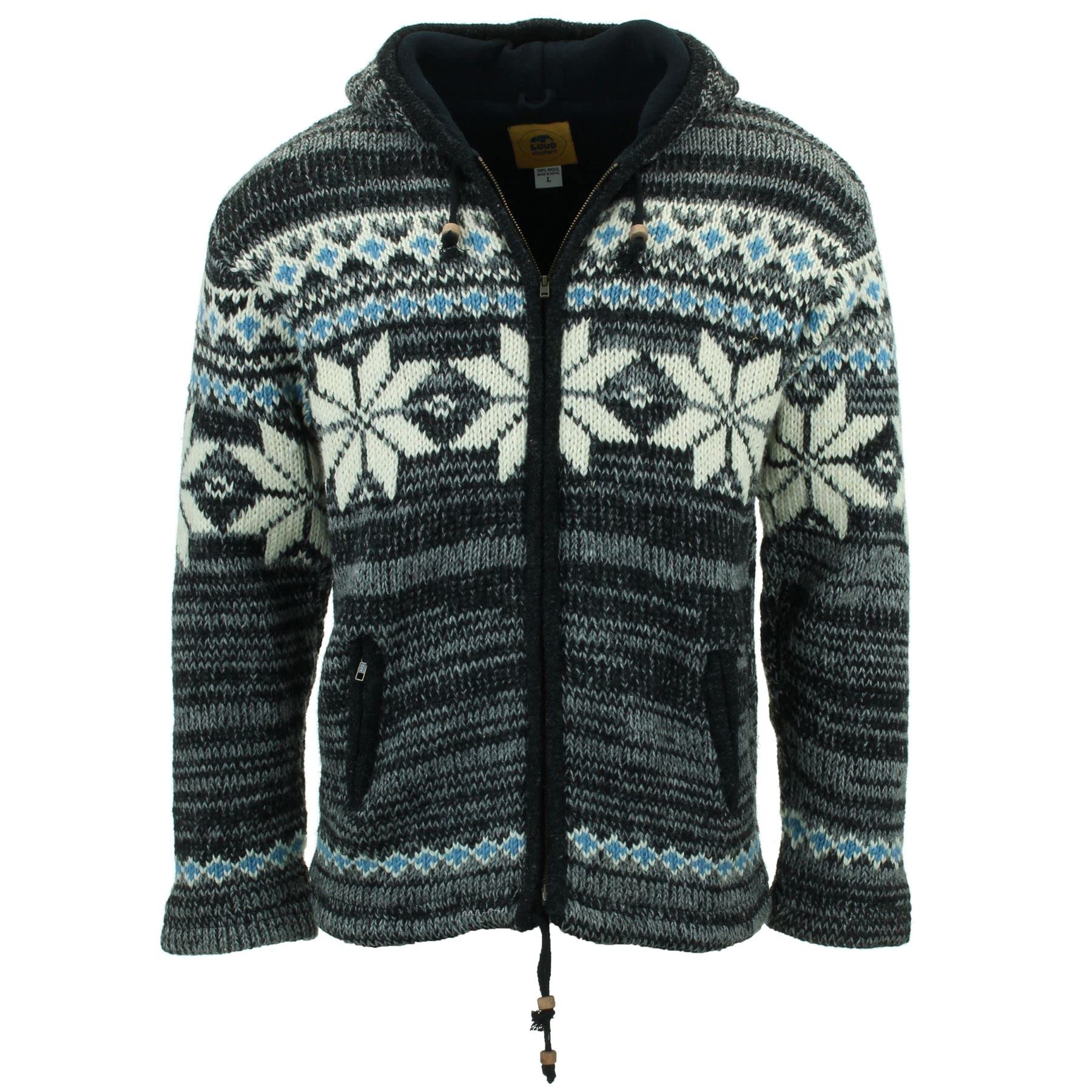 LOUDelephant Hand Knitted Wool Hooded Jacket Cardigan - Fairisle Grey (Large)