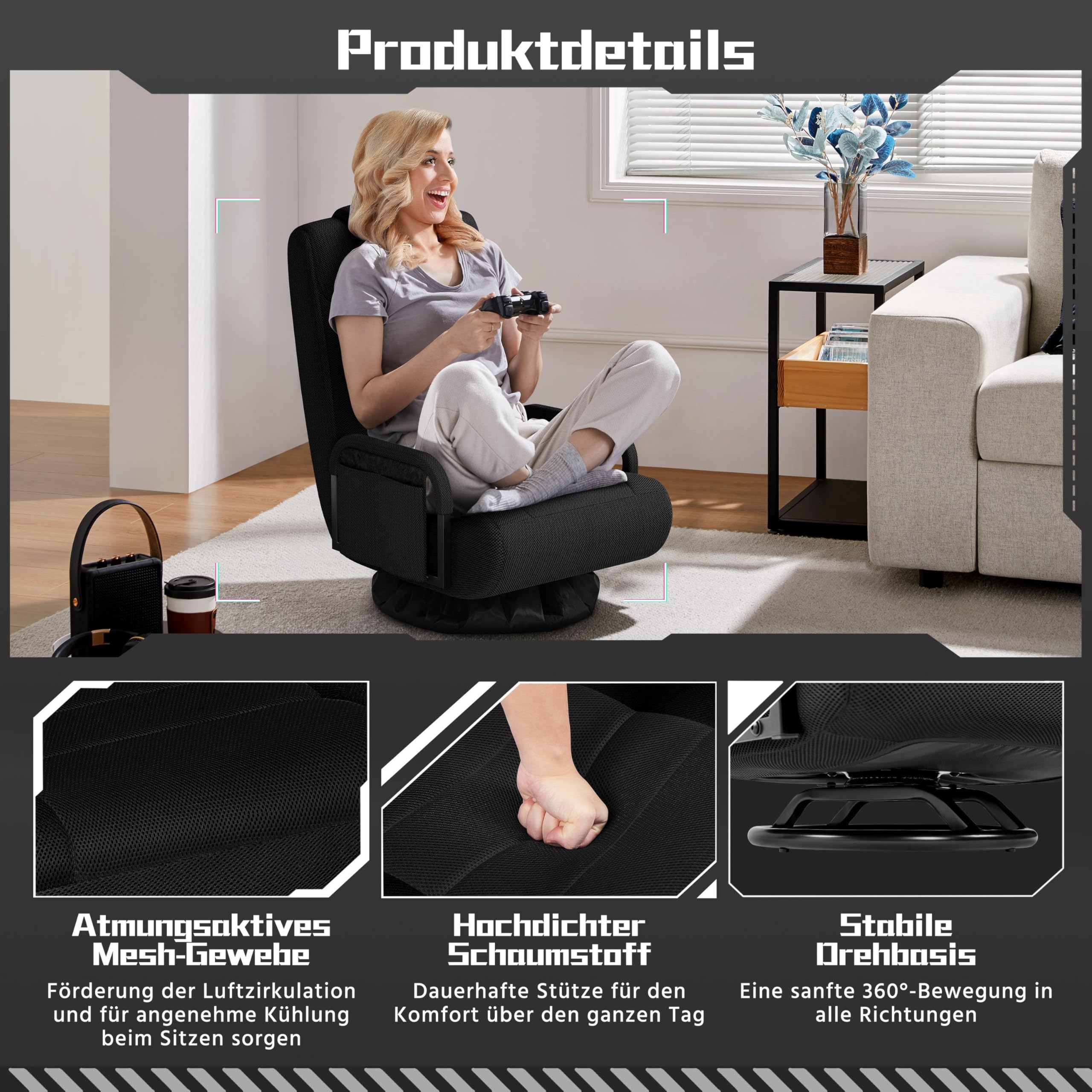 Yaheetech Krzesło podłogowe, obracane o 360°, fotel podłogowy, 6-stopniowa regulacja, krzesło gamingowe z podłokietnikami i praktyczną torbą, sofa podłogowa do salonu/sypialni / biura, kolor czarny