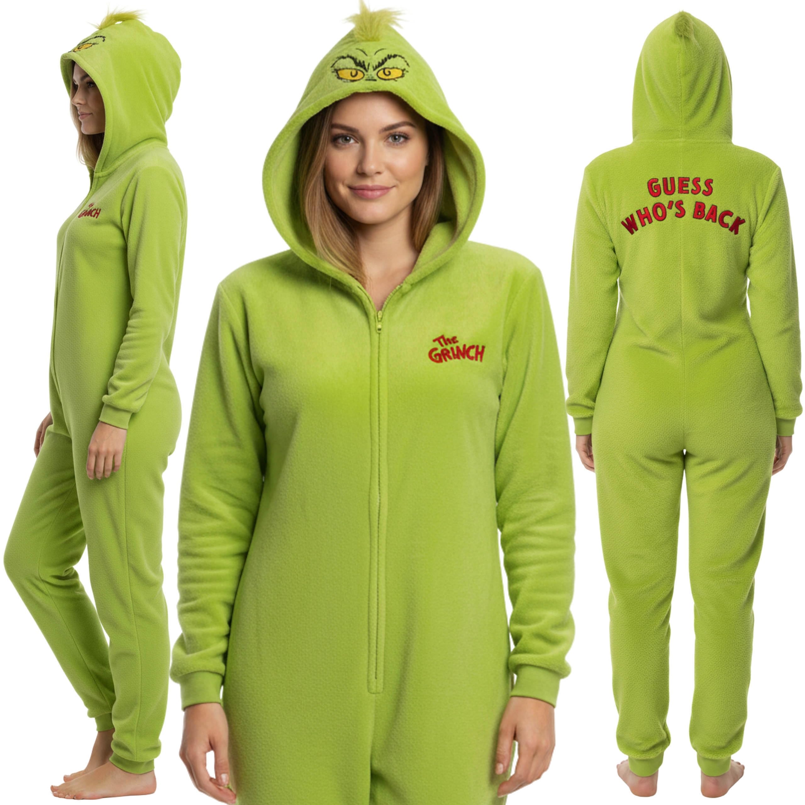 Grinch POLAROWA piżama JEDNOCZĘŚCIOWA zapinana na zamek, damskie CIEPŁE onesie z kapturem