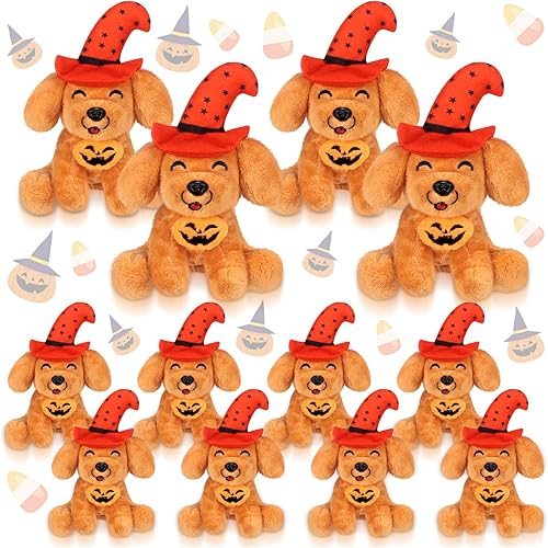 Miniatura 1 de Jenaai 12 piezas de animales de peluche de Halloween a granel de 4 pulgadas de Halloween de peluche de perro cachorro con sombrero y calabaza de