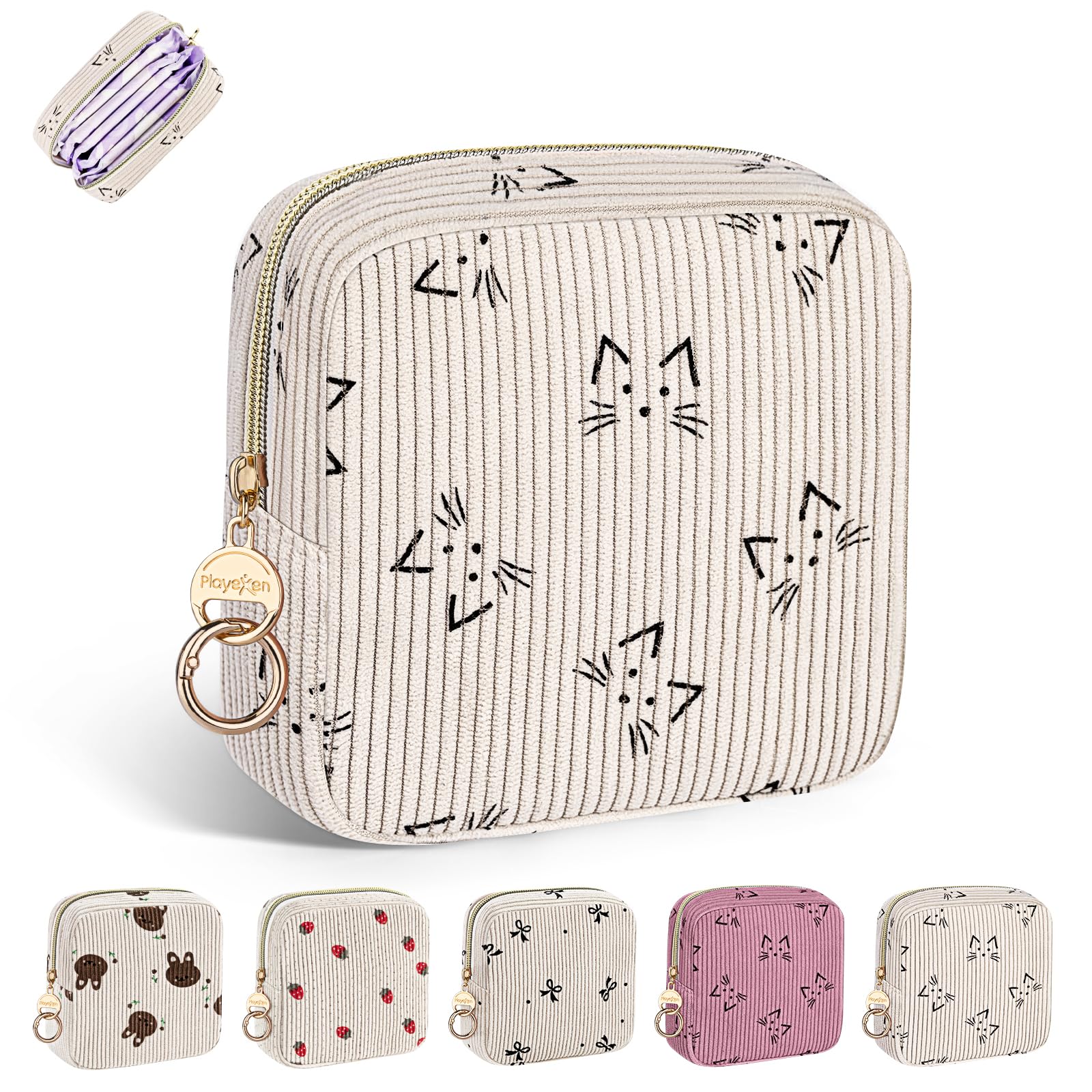 Period Bag for Teen Girls, Corduroy Cute Cats Sanitary Napkin Storage Bag, Menstrual Pad Pouches Tampon Holder for Purse (Beige-Cats)