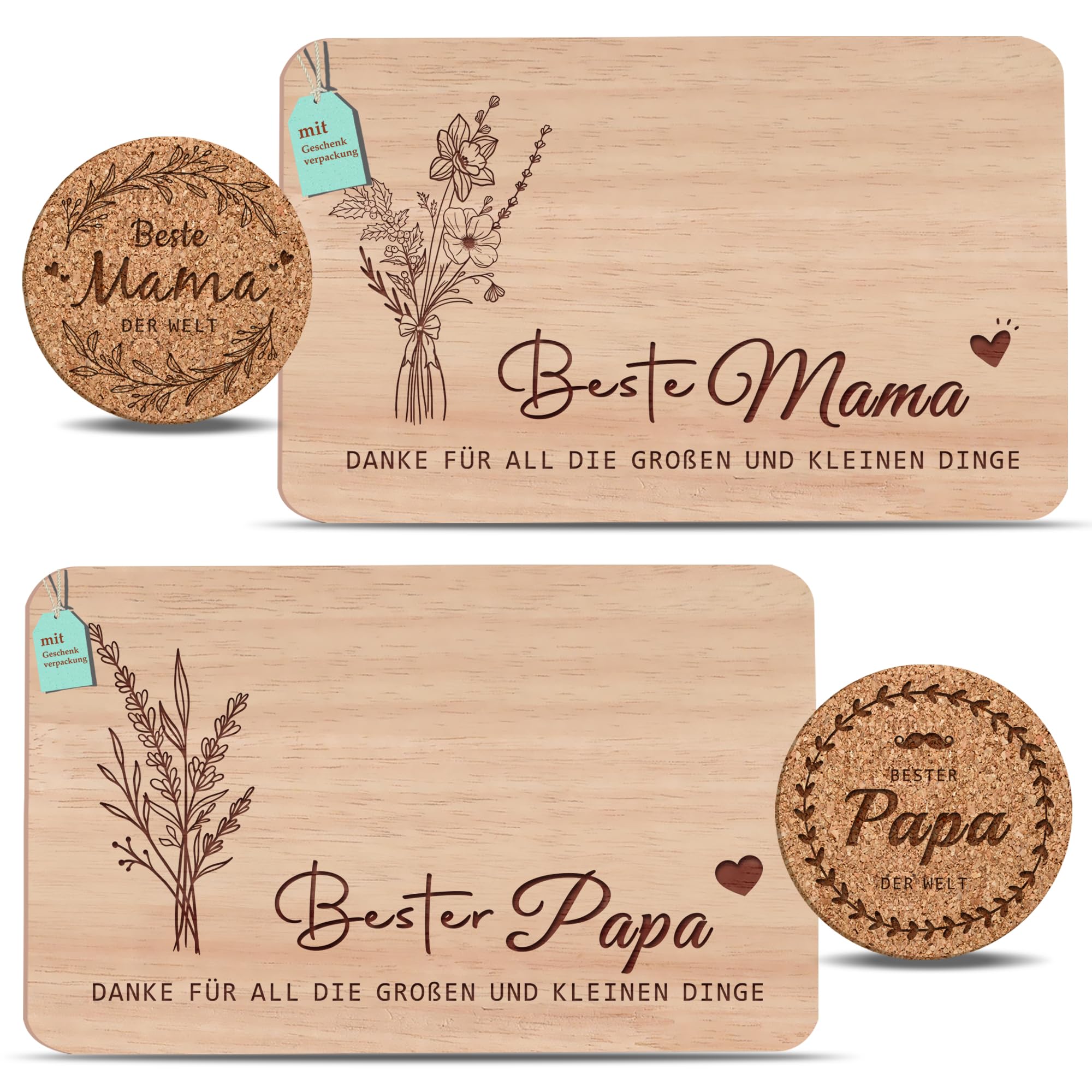 2er Set Frühstücksbrettchen Mama & Papa geschenke Set | Brotzeitbrett mit Gravur | Großeltern Geschenke Buchenholz Schneidebrett | Geschenkidee ideal für Mutter&Vatertag Geburtstags Weihnachten