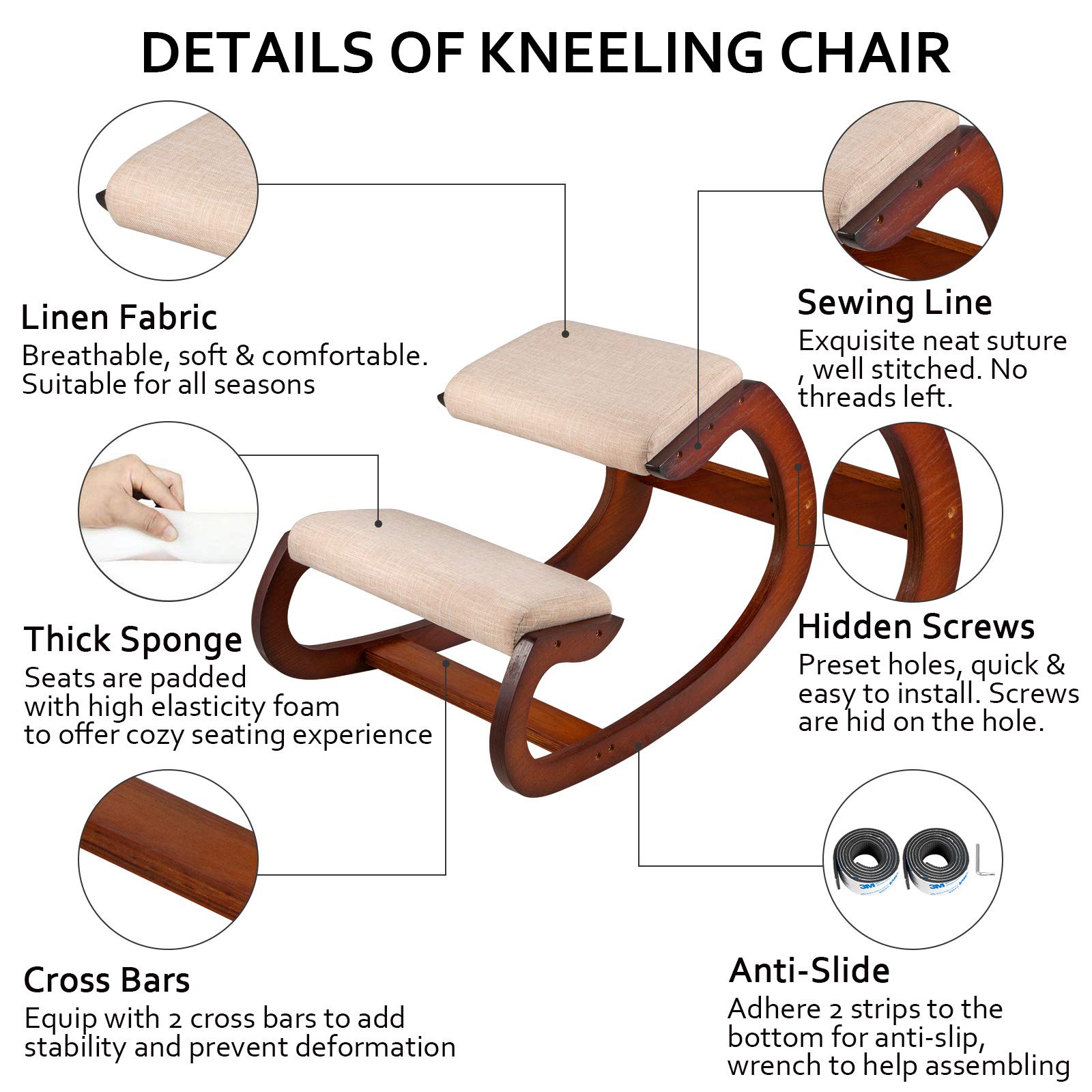 VEVOR Tabouret Ergonomique Tabouret Réglable Ergonomique Coussins Confortables Bureau Maison Façonnant et Soulageant Stress Fauteuil Ergonomique à Genoux Noix de Pécan