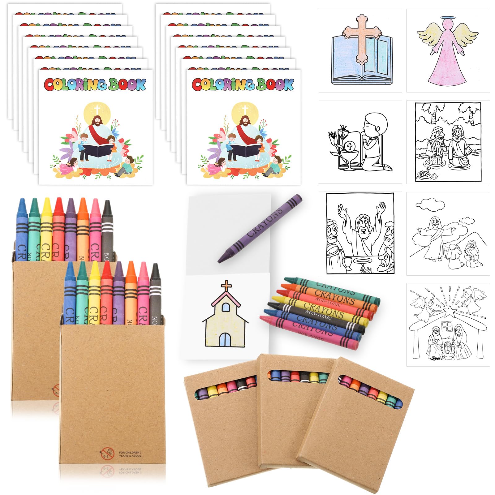 Saypacck 30 Sets 24 Pages Mini Christian Coloring Books with 8 Colors Crayons Bulk, Religious Coloring Books Bible Pages Christian Party Favors Goodie