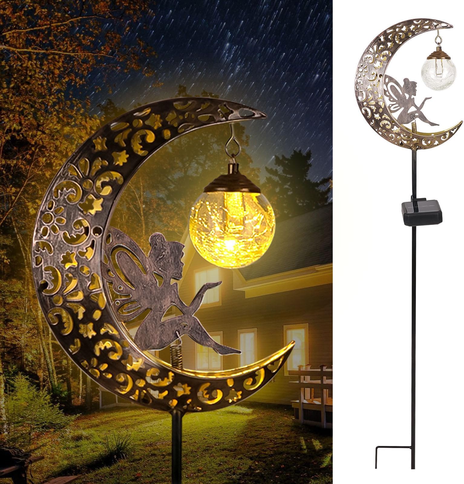 Solar Lights Outdoor Garden Ornaments Outdoor Waterproof Moon Fairy Solar Crackle Glass Lights LED Metal Stake Ornament for Walkway Patio Lawn Decorations-Unique Gift Ideas for Mum Gardening