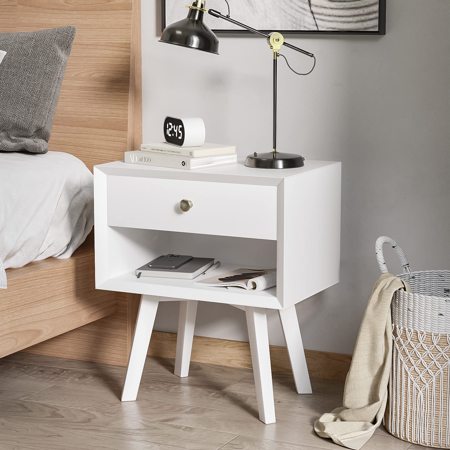 White Nightstand with 1 Drawer Mid Century Modern Nightstand Wood Bed Side Table for Bedroom 24 Inch Tall Bedside Table Night Stand with Drawers Farmhouse End Table Mesas De Noche para Cuartos