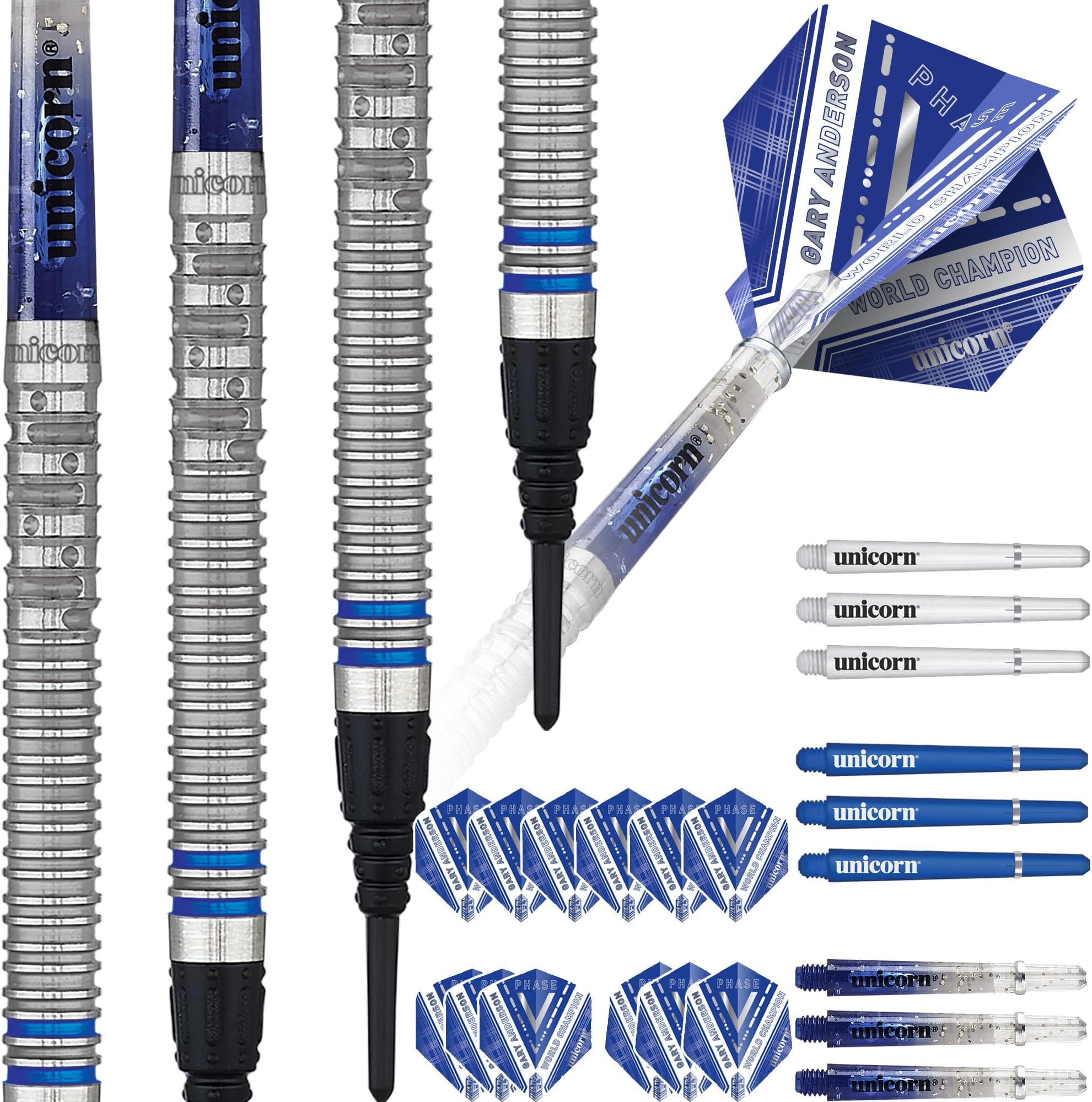 Unicorn Steel Tip Darts Set | Gary 'The Flying Scotsman' Anderson Phase 3, 5, 6 World Champion | 90% Natural Tungsten Barrels with Blue Accents | Presentation Packaging | 21g, 22g, 23g, 24g, 25g, 27g