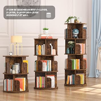 Aheaplus Rotating Bookshelf, Small Corner Bookshelf for Small Space, 360 Display 4 Tier Floor Standing Bookcase Storage Rack, Wood Narrow Book Shelf Organizer for Bedroom, Living Room, Rustic Brown