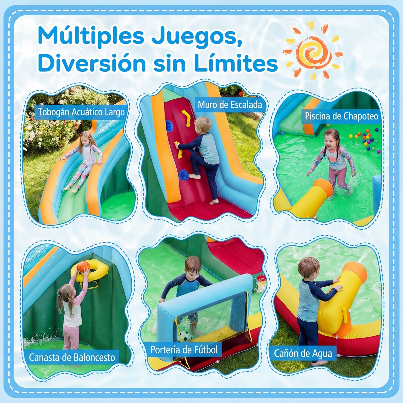 COSTWAY Castillo Hinchable Niños con Tobogán AcuáTico, Parque Infantil Inflable con Bolas Oceánicas, Fútbol, Baloncesto, Muro de Escalada, Aro, Portería y Cañón de Agua para 3 a 12 Años (Sin Soplador)