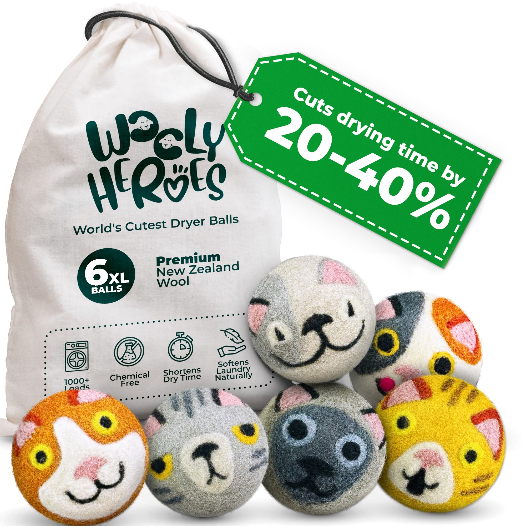 Wooly Heroes Bolas secadoras de lana, ecológicas, paquete de 6, XL, suavizante de tela reutilizable, con libro electrónico de lavandería natural gratuito (Whimsicat & Friends)
