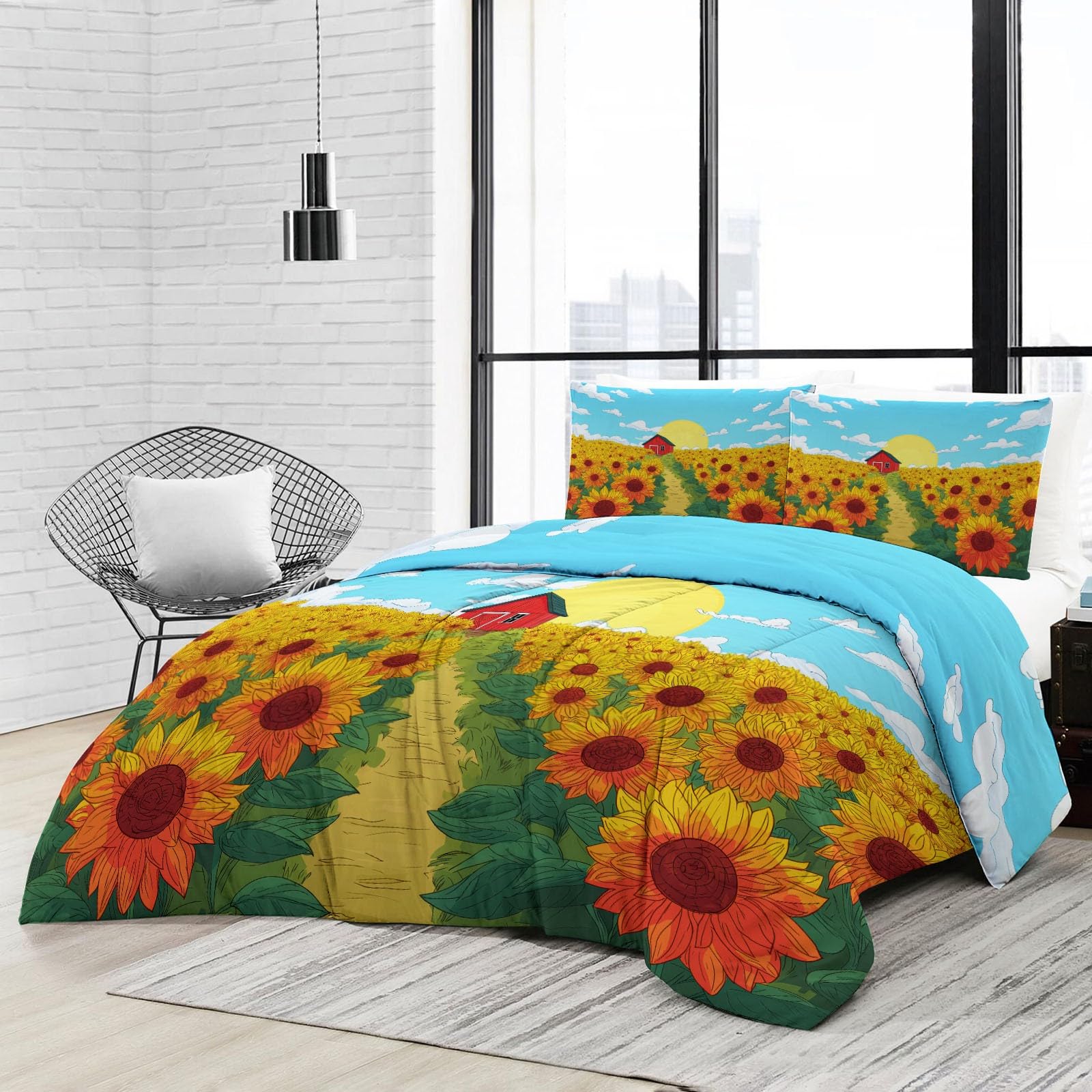 Kołdra na 4 pory roku, 3-częściowy zestaw pościeli 155x220 cm animowane pole słonecznika miękka kołdra z mikrofibry, zimowa i letnia narzuta dla dzieci i alergików, żółty niebieski