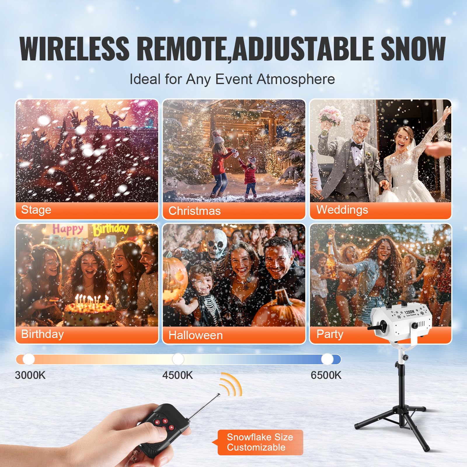 VEVOR Macchina per Neve 1200 W, Macchina per Produrre Neve con Supporto Regolabile, Macchina per Fiocchi di Neve con Telecomando Wireless, Macchina per Neve Finta per Feste di Natale Matrimoni