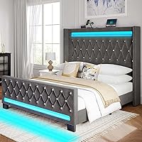 Rolanstar Queen Bed Frame with RGB LED Lights & Charging Station, Velvet Upholstered, Noise-Free Wood Slats, Easy Assembly, Grey