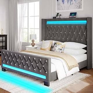 Rolanstar Queen Bed Frame with RGB LED Lights & Charging Station, Velvet Upholstered, Noise-Free Wood Slats, Easy Assembly, Grey