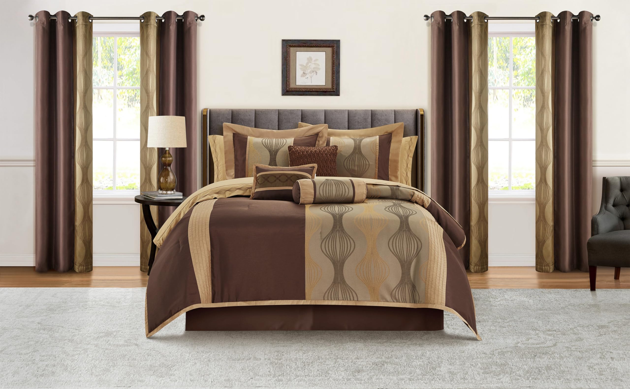 Grand Avenue Elegant Brown Comforter Set Queen Size, Striped,15 Piece Room-in-A-Bag, Jacquard Bedding Set, All Season, Matching Decorative Pillows, Pillow Sham, Curtains