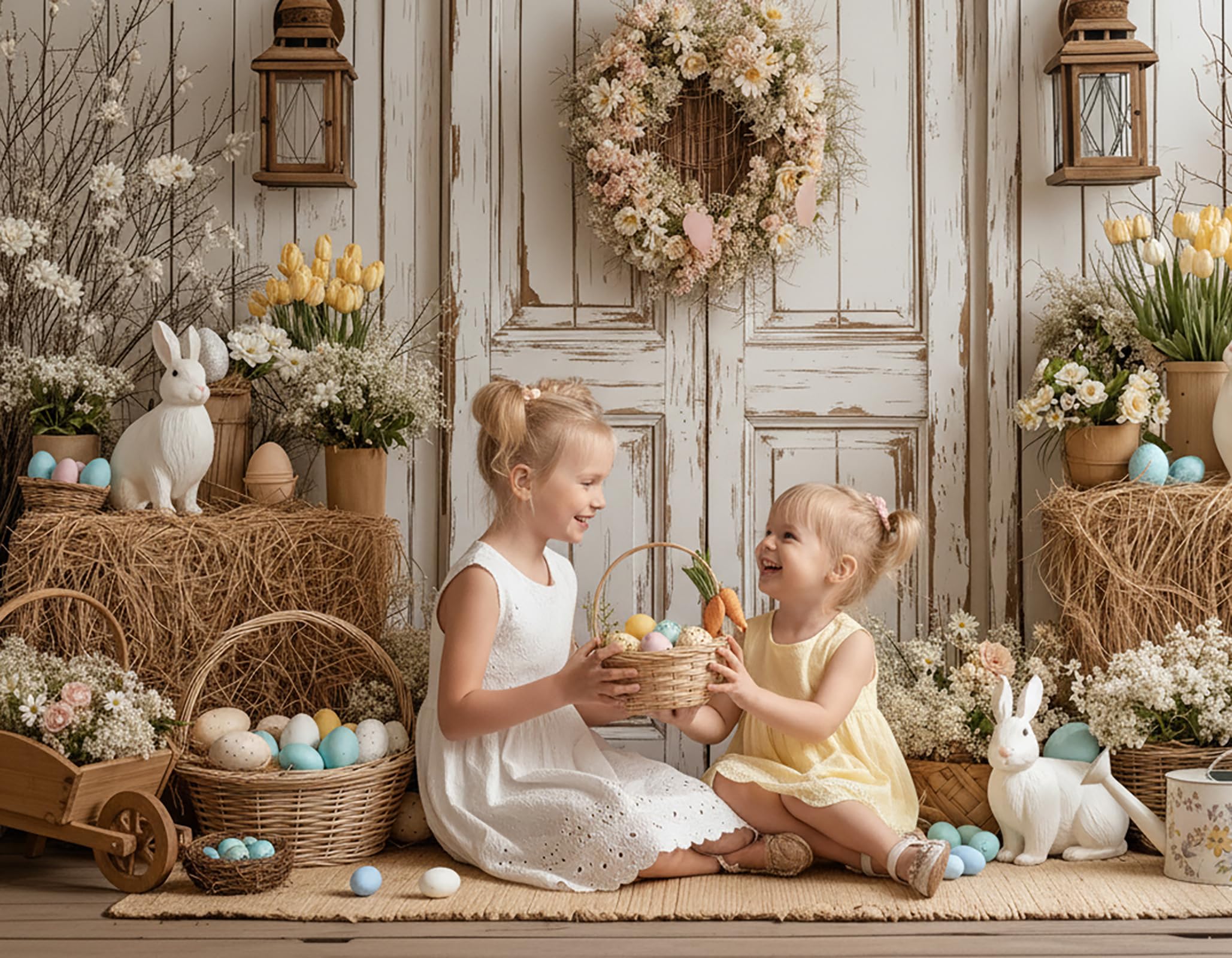 Kate Spring Sfondo fotografico con coniglietto pasquale 10x6.5ft/3x2m uova di Pasqua balle di fattoria porta in legno bianca rustica sfondi per studio fotografico floreale del fienile