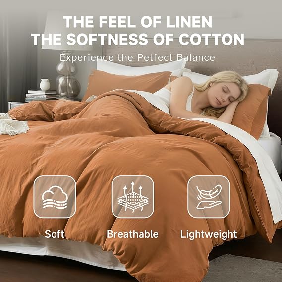 QKTE French Linen Duvet Cover Set, 3 PCS Natural French Flax Rust Duvet Cover King Size, Breathable Soft Comfy Linen Bedding Comforter Cover with 2 Pillowcases(Rust, 104 x 92)