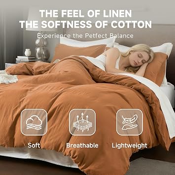 QKTE French Linen Duvet Cover Set, 3 PCS Natural French Flax Rust Duvet Cover King Size, Breathable Soft Comfy Linen Bedding Comforter Cover with 2 Pillowcases(Rust, 104 x 92)