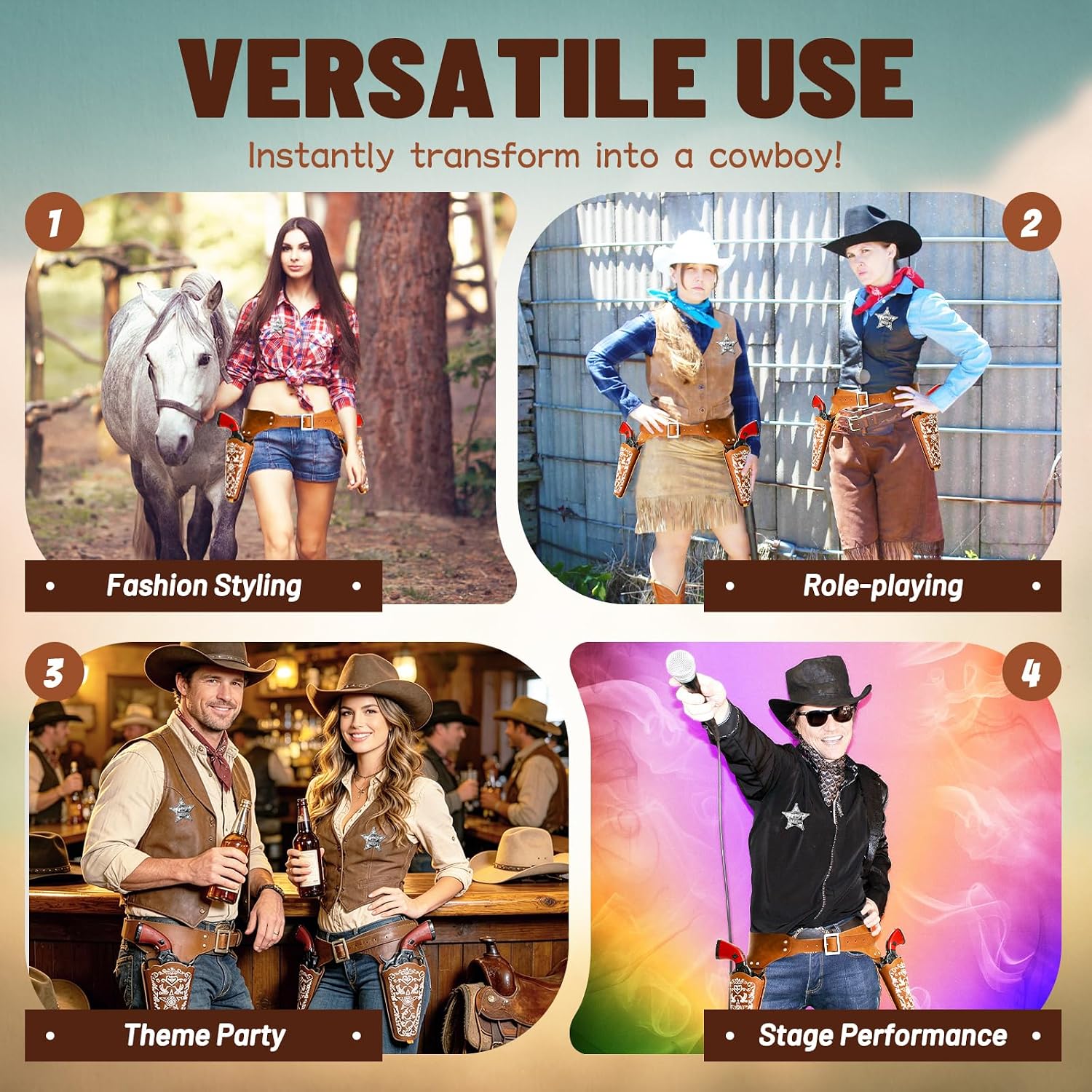Cowboy Holster Gun Set,Western Cowboy Guns with Holsters,Brown Prop Gun for Western Cowboy Accessory,Halloween Party,2 Fake Guns,2 Gun Holsters and 1 Badge