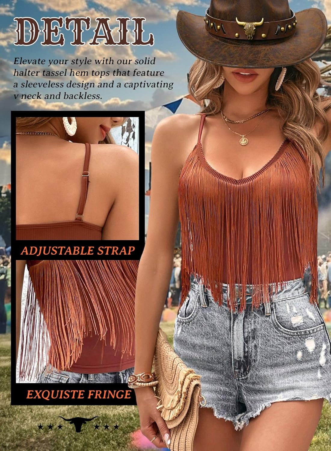 Western Cowgirl Fringe Top for Women - Country Concert Outfits Festival Tassel Hem Boho Rodeo Dress Rave Tank Shirt - Image 4