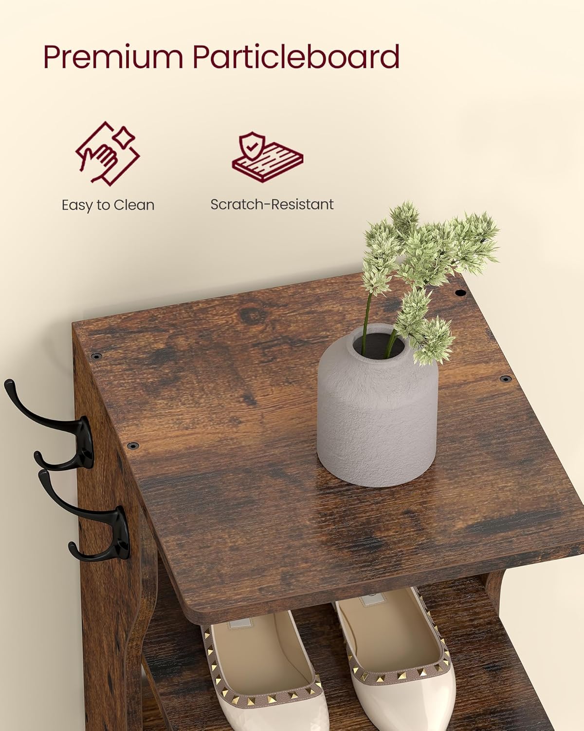 Close-up of the rustic brown particleboard material of the VASAGLE shoe rack, highlighting its easy-to-clean and scratch-resistant properties.