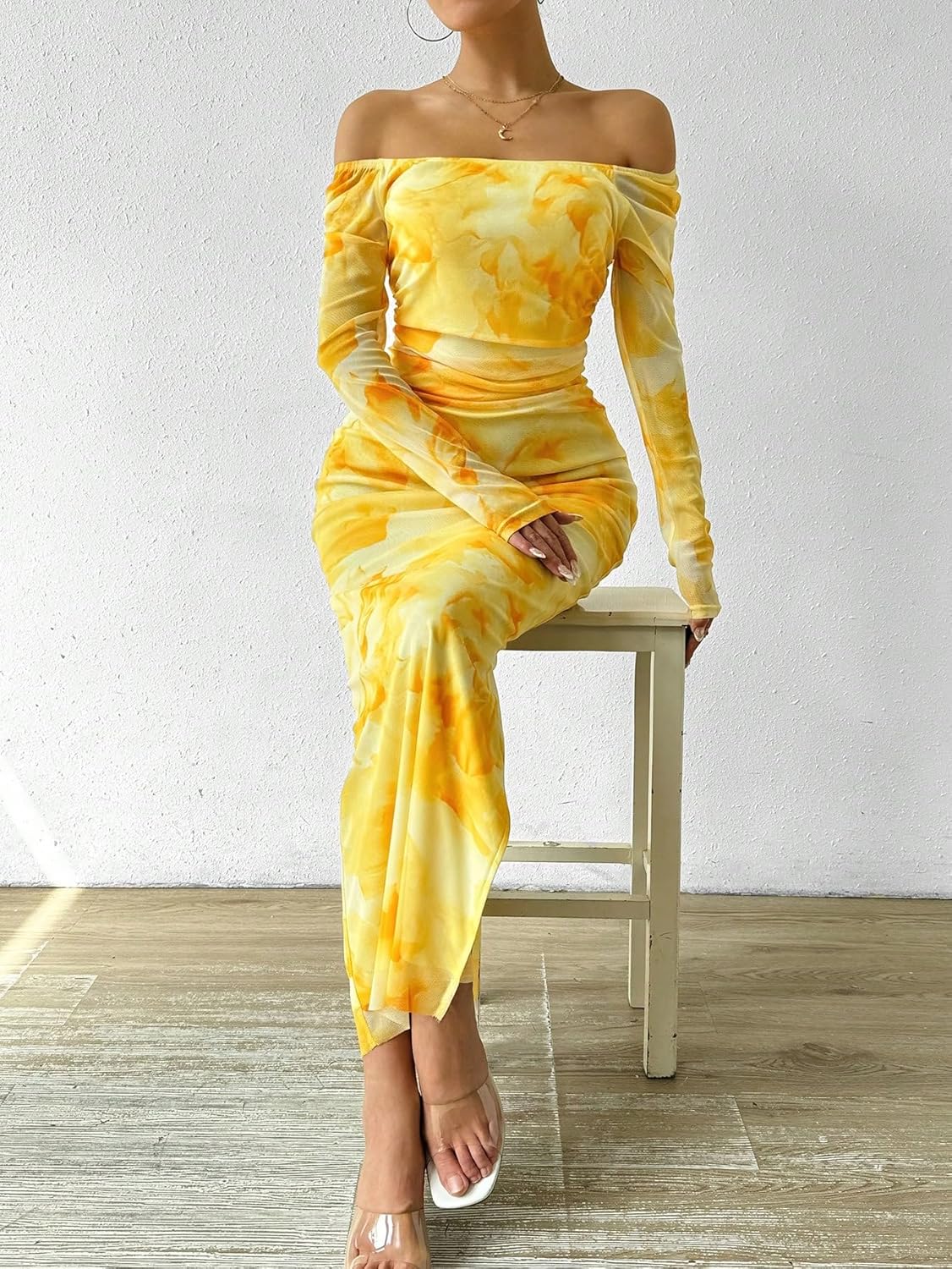 LIGHT DOT Women's Printed Off Shoulder Maxi Dress Long Sleeve Bodycon Ruched Mesh Cocktail Dress - Image 3