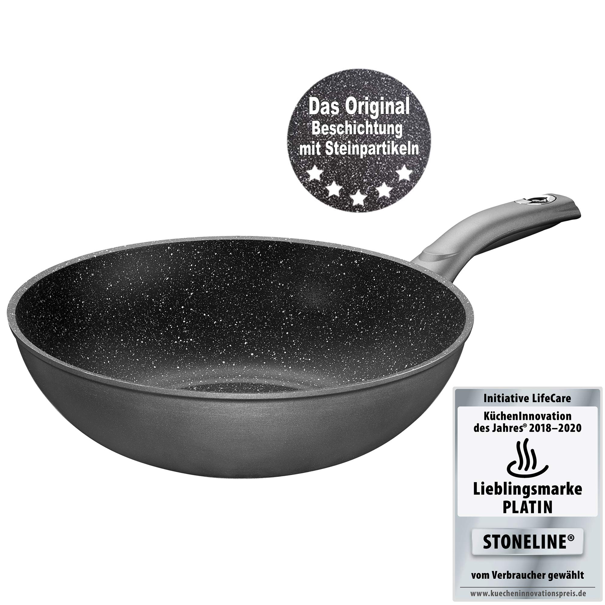 STONELINE Gourmundo Made in Germany Wok 30 cm, auch für öl- und fettfreies Braten, Wok Pfanne beschichtet mit echten Steinpartikeln, Wok Induktion und backofengeeignet