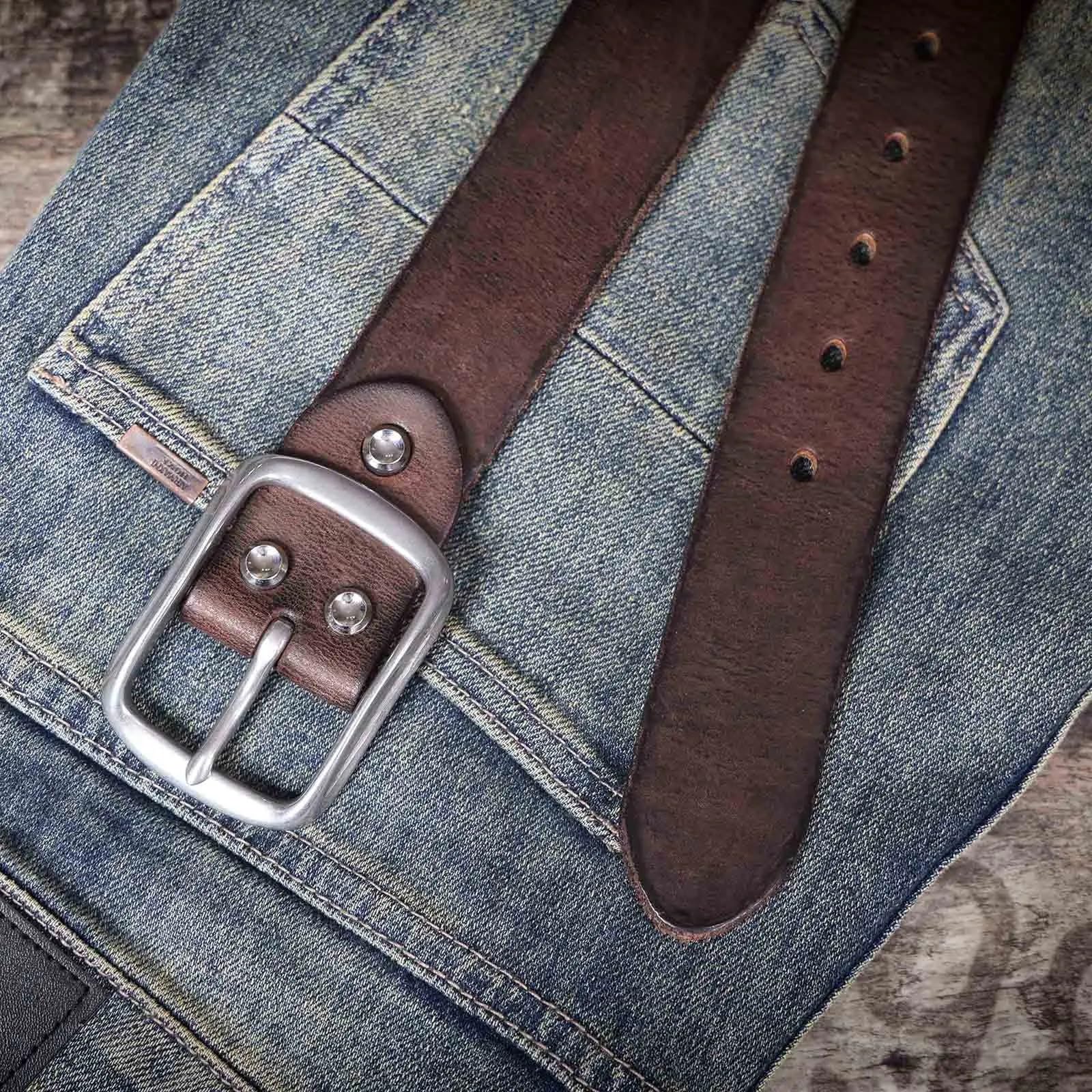 Cinturones de cuero genuino vintage para hombre, hebilla de acero inoxidable, cuero grueso con