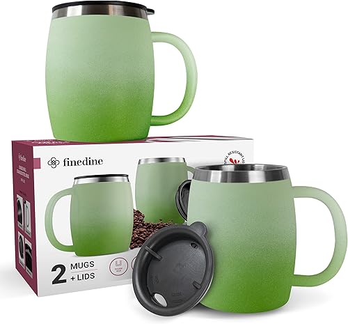 Miniatura 1 de FineDine Taza de café aislada de acero inoxidable con tapa y asa (paquete de 2) de 14 onzas, tapa a prueba de derrames sin BPA, tazas de café de