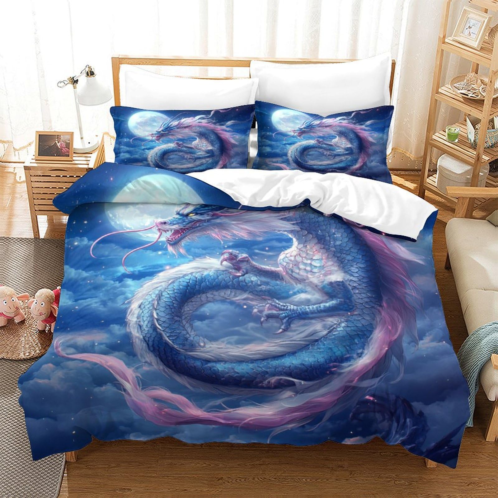 P1s9u7w5y Dragon-2 Fantasy Night Sky 3D Printed Dragon Duvet Cover Set 3Pcs Microfiber Celestial Bedding Set Double（200X200cm）