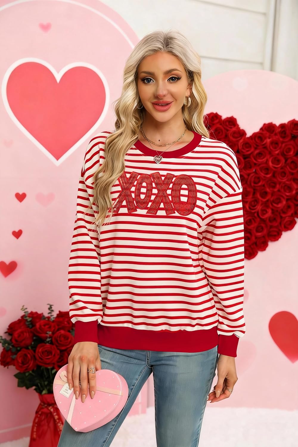 KIDDAD Valentine Sweatshirts for Women Love Heart Print Sweater Valentines Sequins Shirt Embroidered Striped Pullover