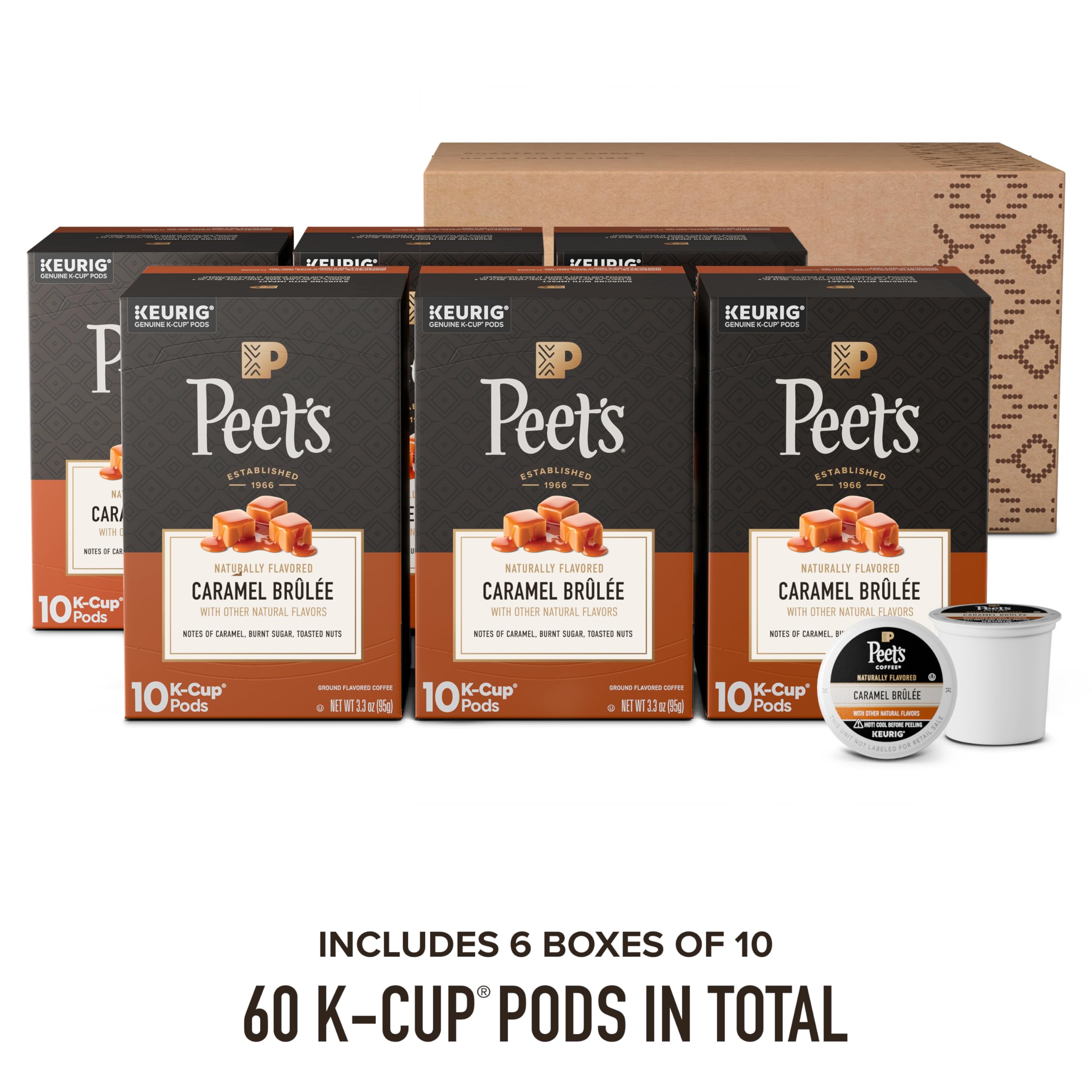 Peet’s Coffee, Flavored Coffee K-Cup Pods for Keurig Brewers - Caramel Brûlée, 60 Count (6 boxes of 10 pods), Light Roast