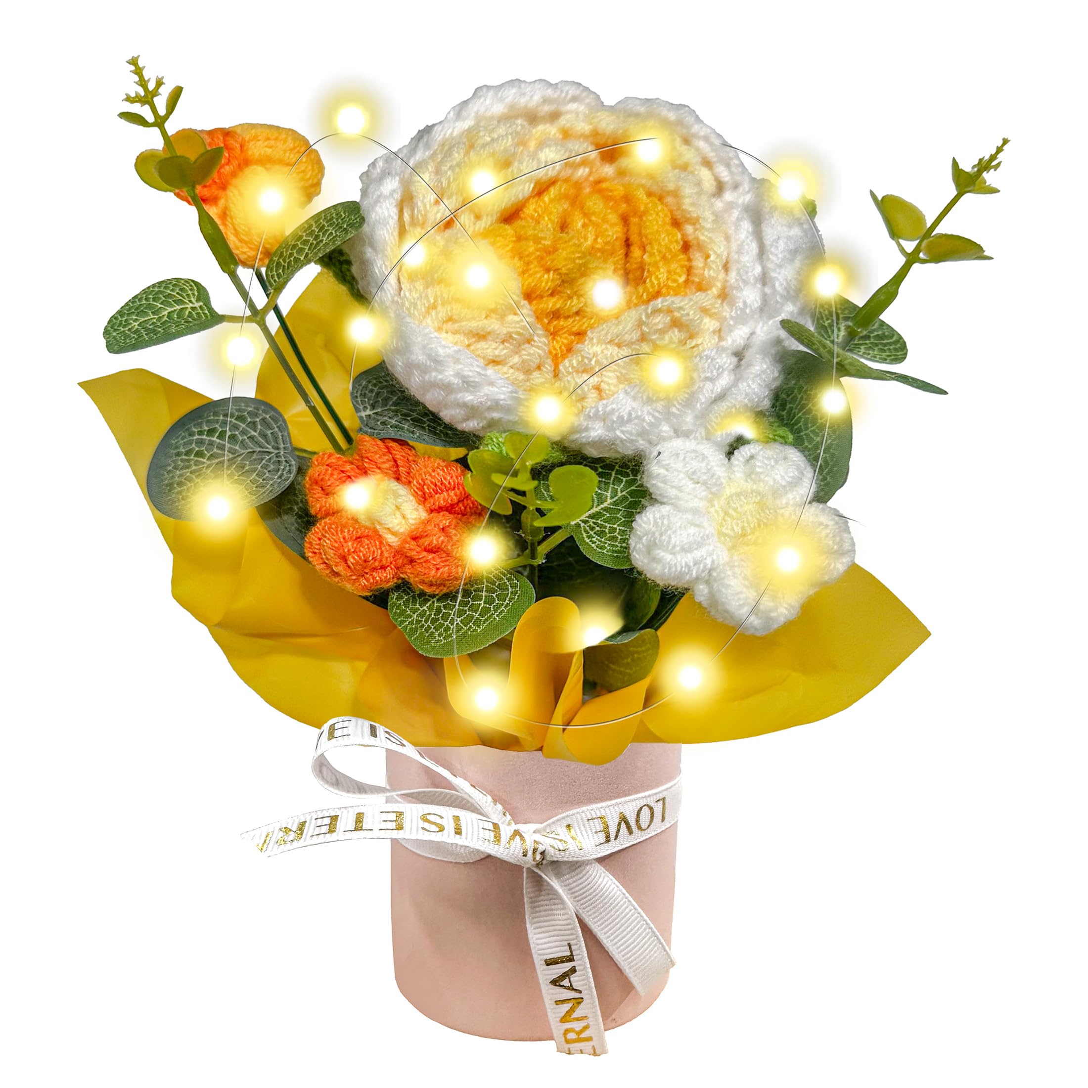 Pelizen Crochet Flower Bouquet, Crochet Bouquet of Flowers, Handmade Knitted Flowers with Card for Anniversary, Birthday, Wedding, Gift for Women (Yellow-2)