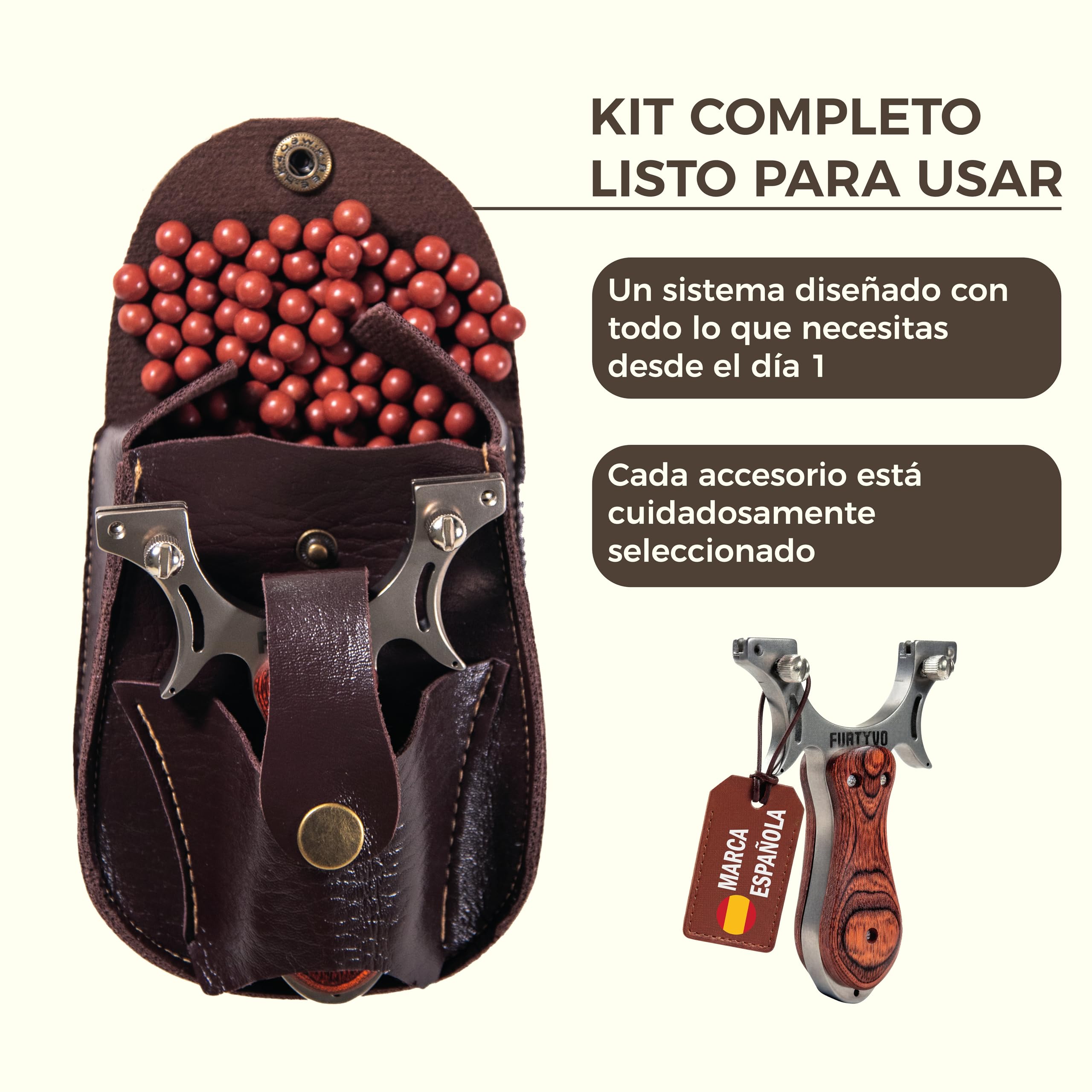 Tirachinas Clásico, Bolsa de Cuero, 4 Gomas Elásticas, 200 Bolas Munición de Arcilla | Packaging Premium