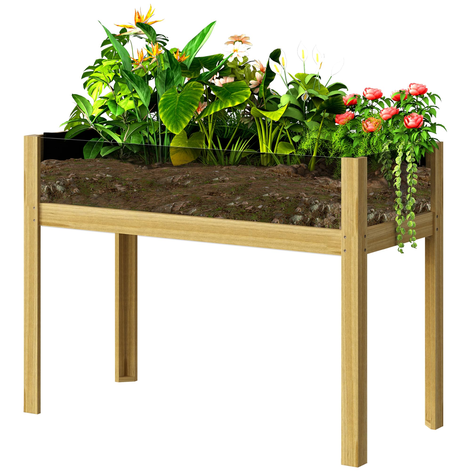 Outsunny Jardinière sur Pieds, carré Potager de Jardin sur Pieds avec Panneaux en Acrylique et Trous de Drainage, Potager surélevé en Bois pour Fleurs, Herbes, légumes, 110 x 50 x 80 cm, Bois Naturel