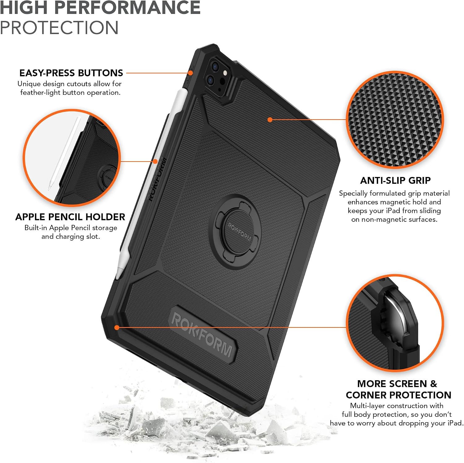 Rokform Rugged iPad Case 10.9-11", Magnetic, Compatible with iPad Air 5 (2022), iPad Air 4 (2020), and The iPad Pro 11 in. 5th, 4th, and 3rd gen (2021/2020/2018) - Black