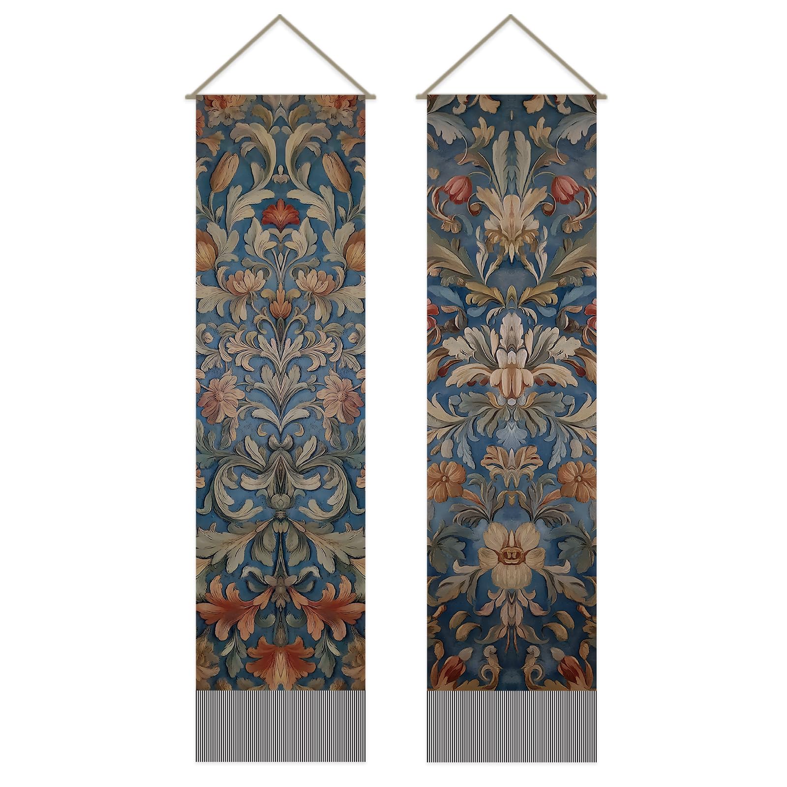 SUPERDANT 2PCS European Palace Style Tapestry White Flowers Wall Hanging Tapestries Long Vertical Tassel Tapestry with Poles Ropes for Bedroom Living Room Porch Hallway Office Decoration