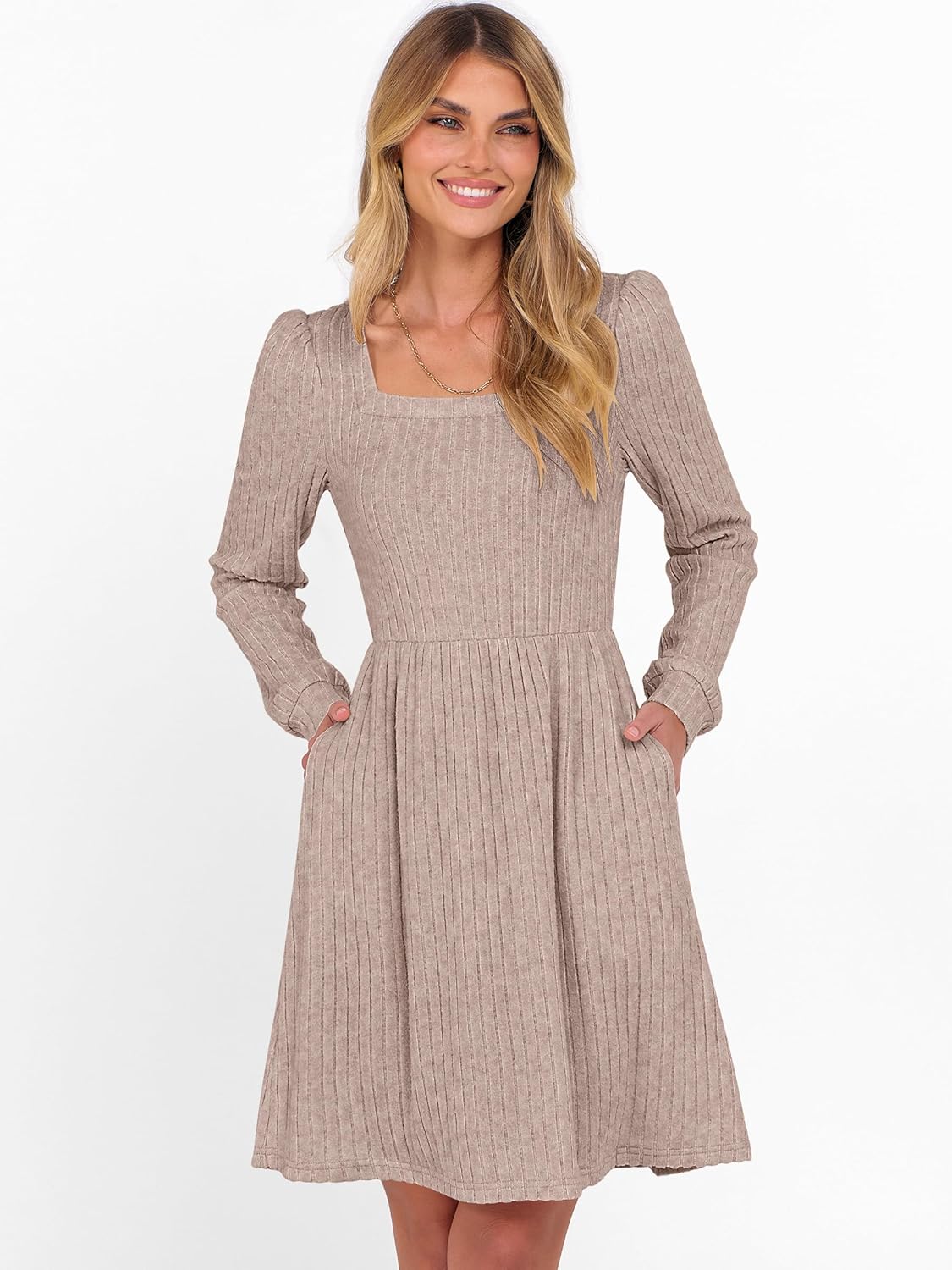 ANRABESS Women's Square Neck Long Sleeve Fall Dress Casual Ribbed Knit Soft 2026 Trendy Short Sweater Dresses with Pockets - Image 5