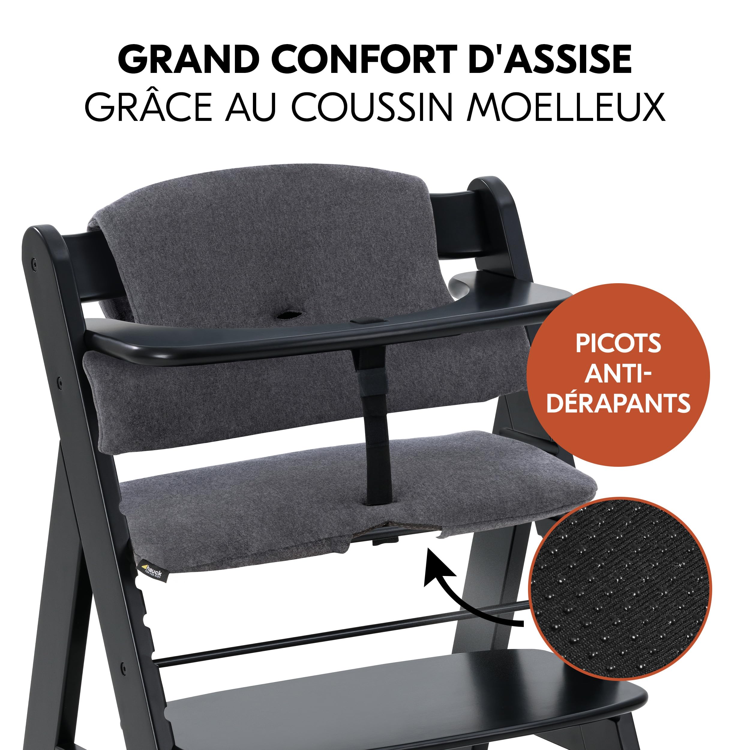 hauck Chaise Haute Bébé Alpha+ avec Siège Nouveau-né Eco – Black | Chaise haute évolutive en bois, de la naissance à 90 kg, inclus assise bébé ergonomique, coussin et harnais