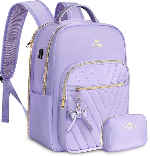 MATEIN Mochila para mujer, 17 pulgadas, bonita y elegante, impermeable, con puerto USB, a la moda, impermeable, casual, diario, para viajes