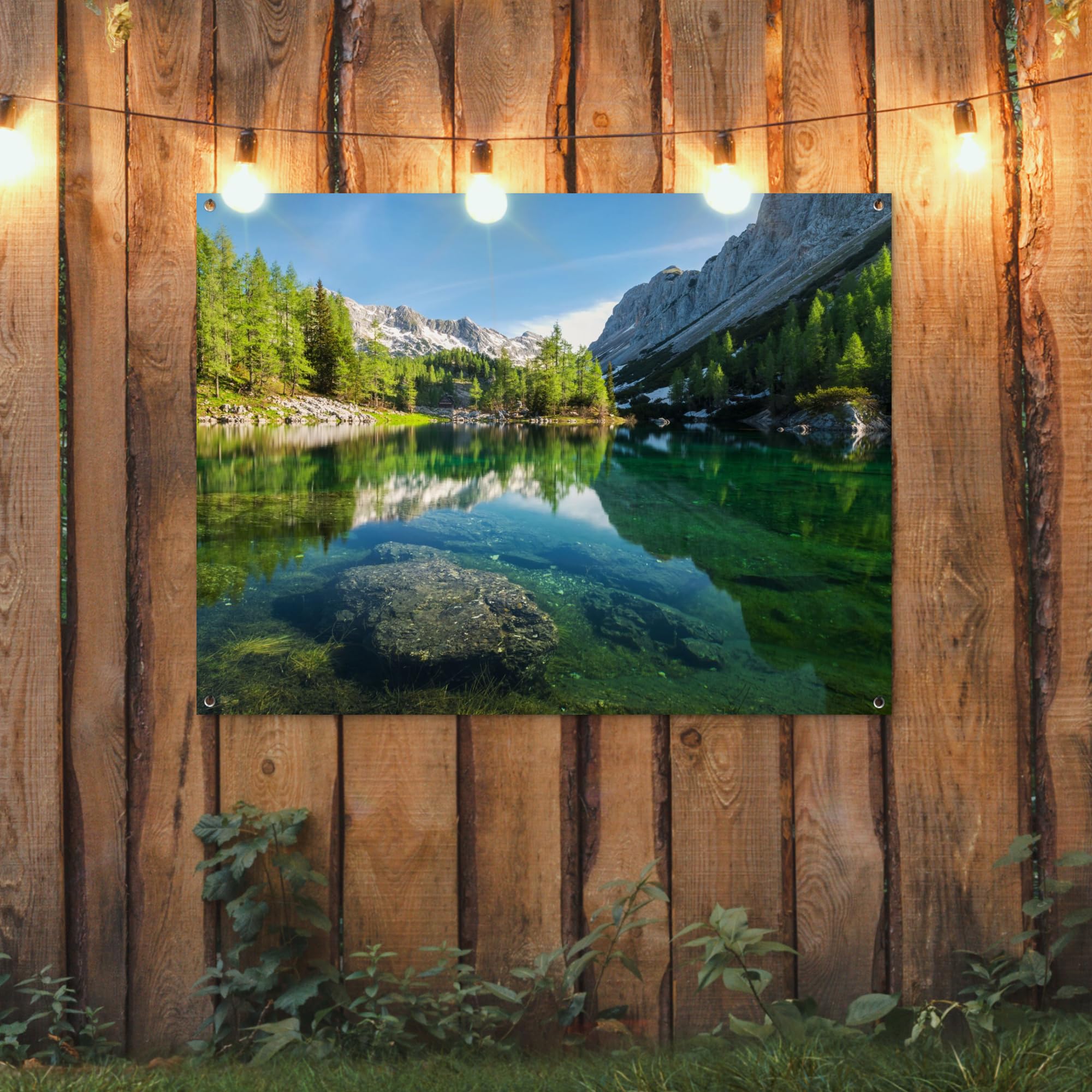 MuchoWow© Decoracion Jardin Exterior Decoración Pared Póster De Jardín | 120x90 cm - Balcón Wall Decoration Patio Posters Decorativos Terraza Agua - Montañas - Rocas