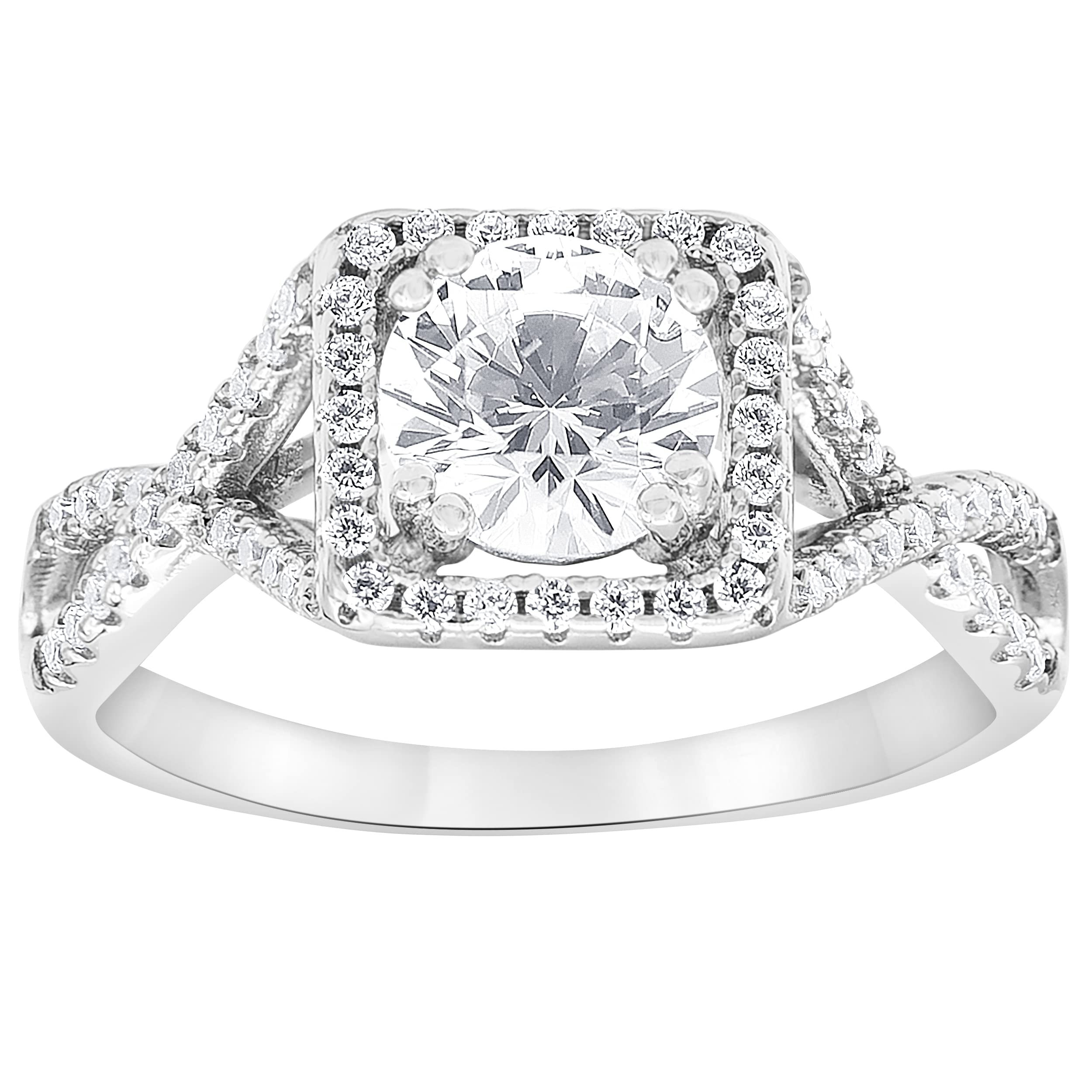Sterling Silver Square Frame Prong Set 1/2 Carat Round Cubic Zirconia Diamond Crossover Halo Engagement Ring by La4ve Diamonds | Fashion Jewelry for Women | Gift Box Included, Precious Metal, Diamond