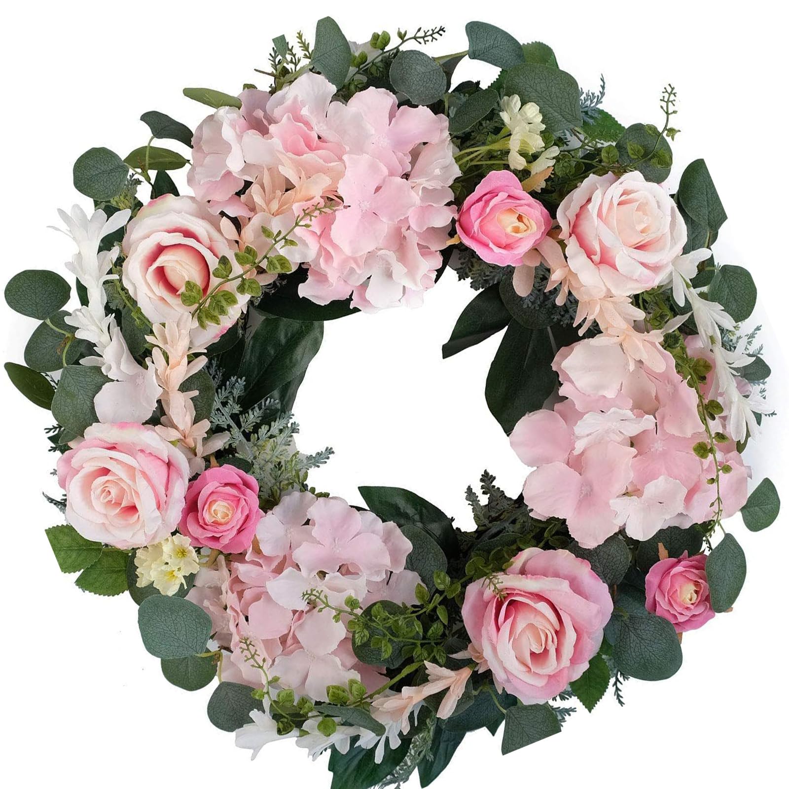 Mekalero B Artificial Floral Wreath With Hydrangea Roses And Greenery In Silk Flower Door Decoration For Home Party Wedding Rose Wreath