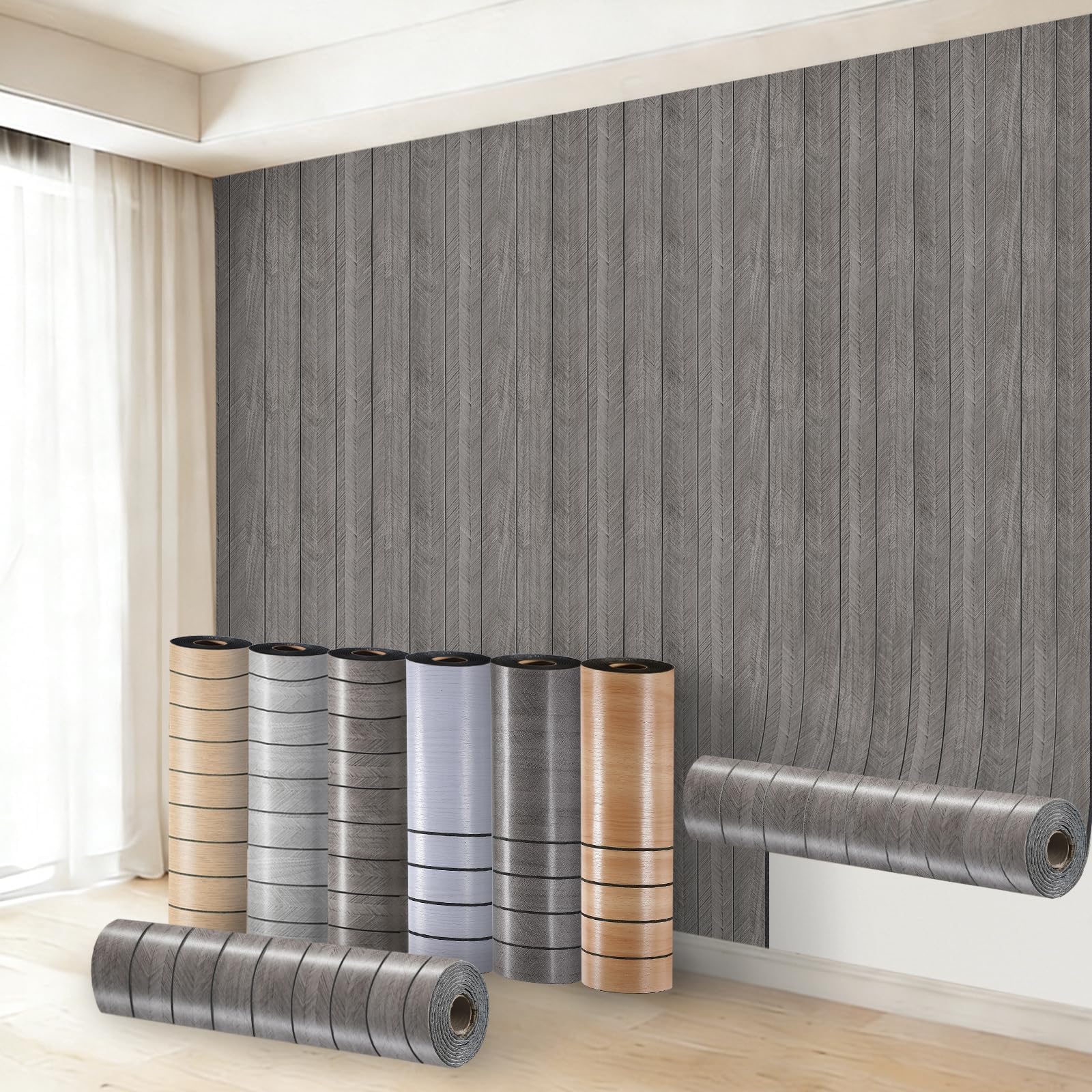 Anttyscar Grey Peel and Stick Wallpaper Wood Slat Textured Self Adhesive Wallpaper 3mm Thick Thermal Removable Insulating Wall Covering Roll for Living Room Bedroom Kitchen Bathroom Bad Cold Walls — image 1