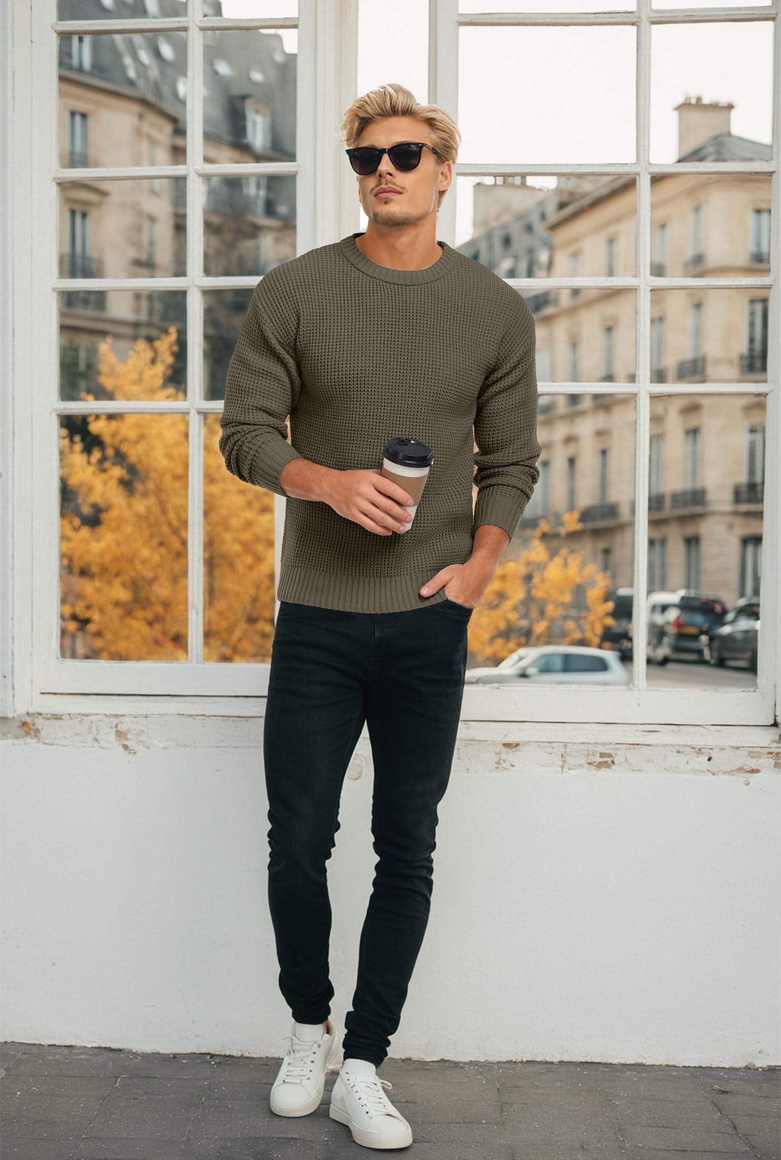 Askdeer Suéter informal de punto de manga larga con cuello redondo y textura gofre para hombre
