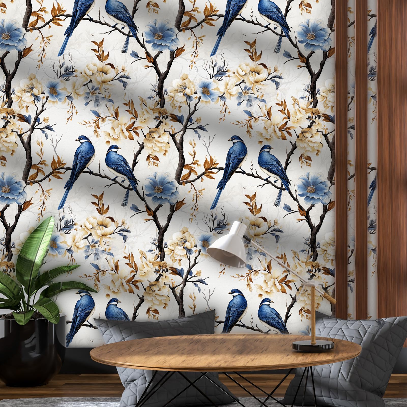 Papel pintado autoadhesivo floral, 44 x 600 cm Papel pintado autoadhesivo de pájaros y flores, papel de pared de despegar y pegar, flores de pájaro azul, hojas, árbol, autoadhesivo, envoltorio de