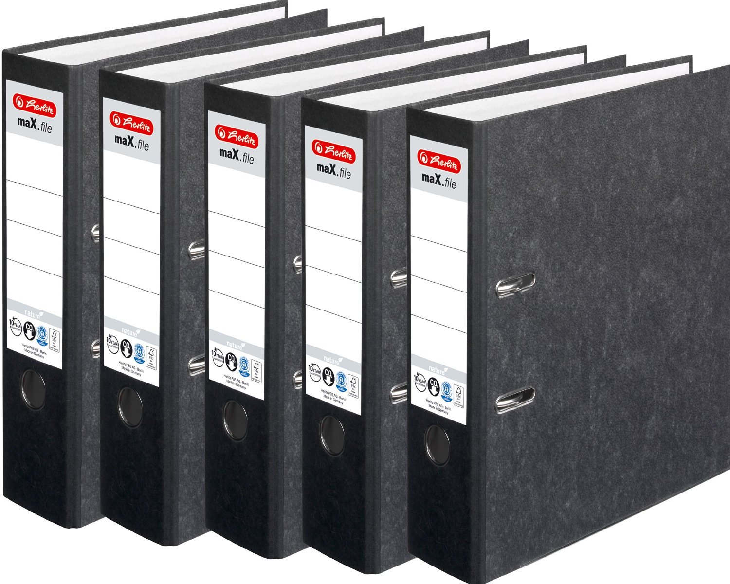 HERLITZ Ordner maX.file nature A4 Wolkenmarmorbezug selbstklebendes Rückenschild | 5er Sparpack in diversen Farben zur Auswahl (8cm breit | 20er Pack, schwarz)
