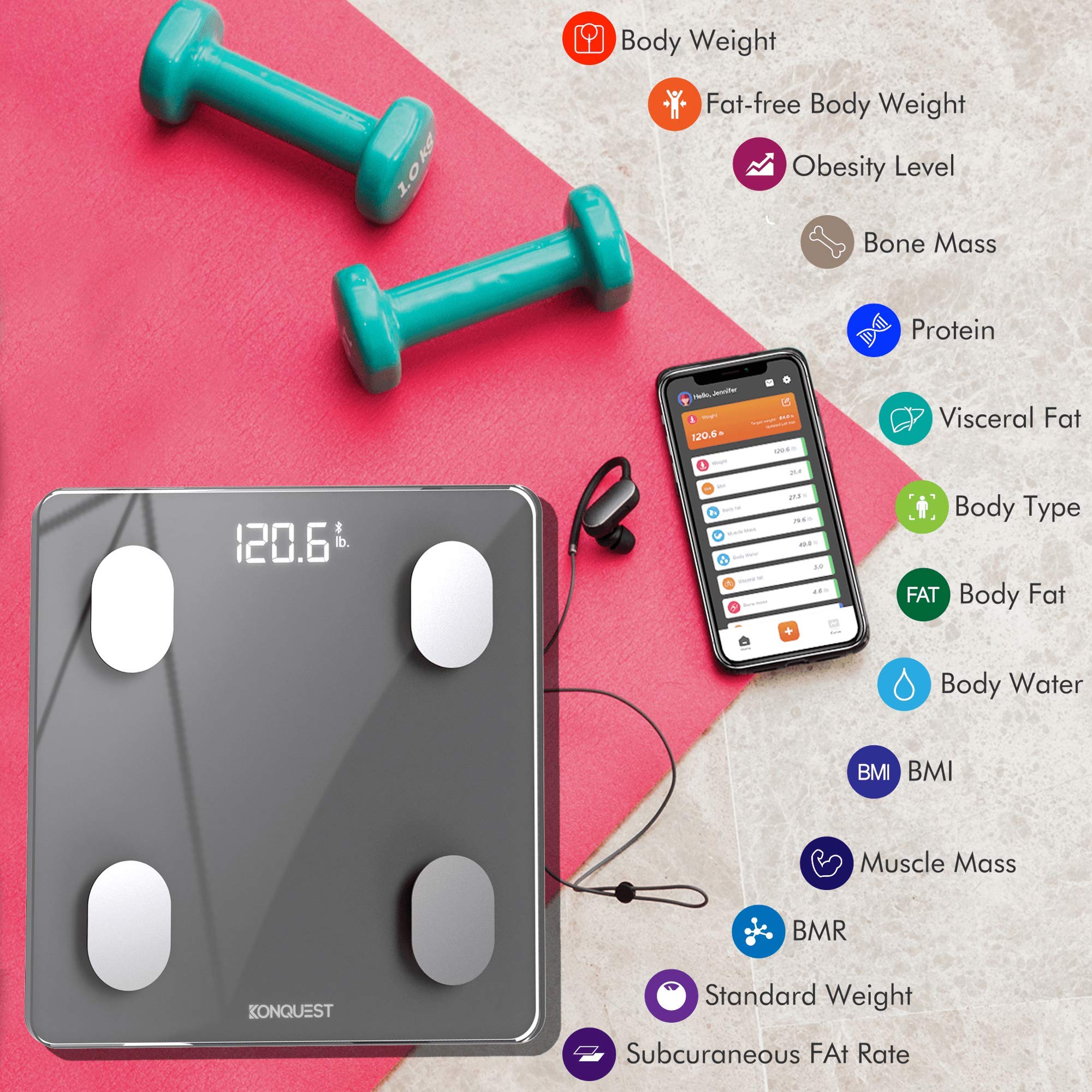 Konquest Báscula de baño digital inteligente, inalámbrico Bluetooth BMI, peso corporal, grasa y analizador de composición corporal con aplicación para smartphone (400 libras) (gris frío)